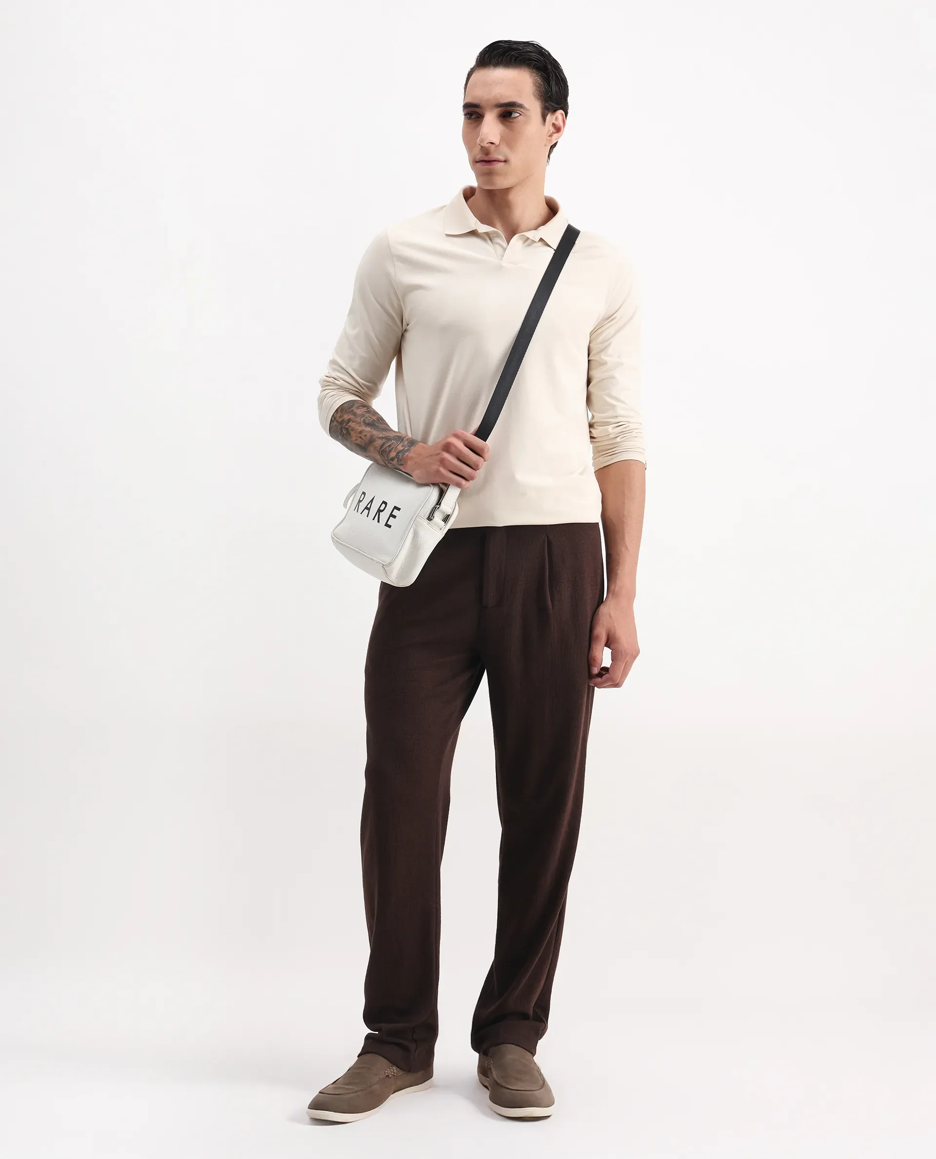 Rare Rabbit Men's Keloe Dark Brown Cotton Blend Plain Relaxed Fit Trouser