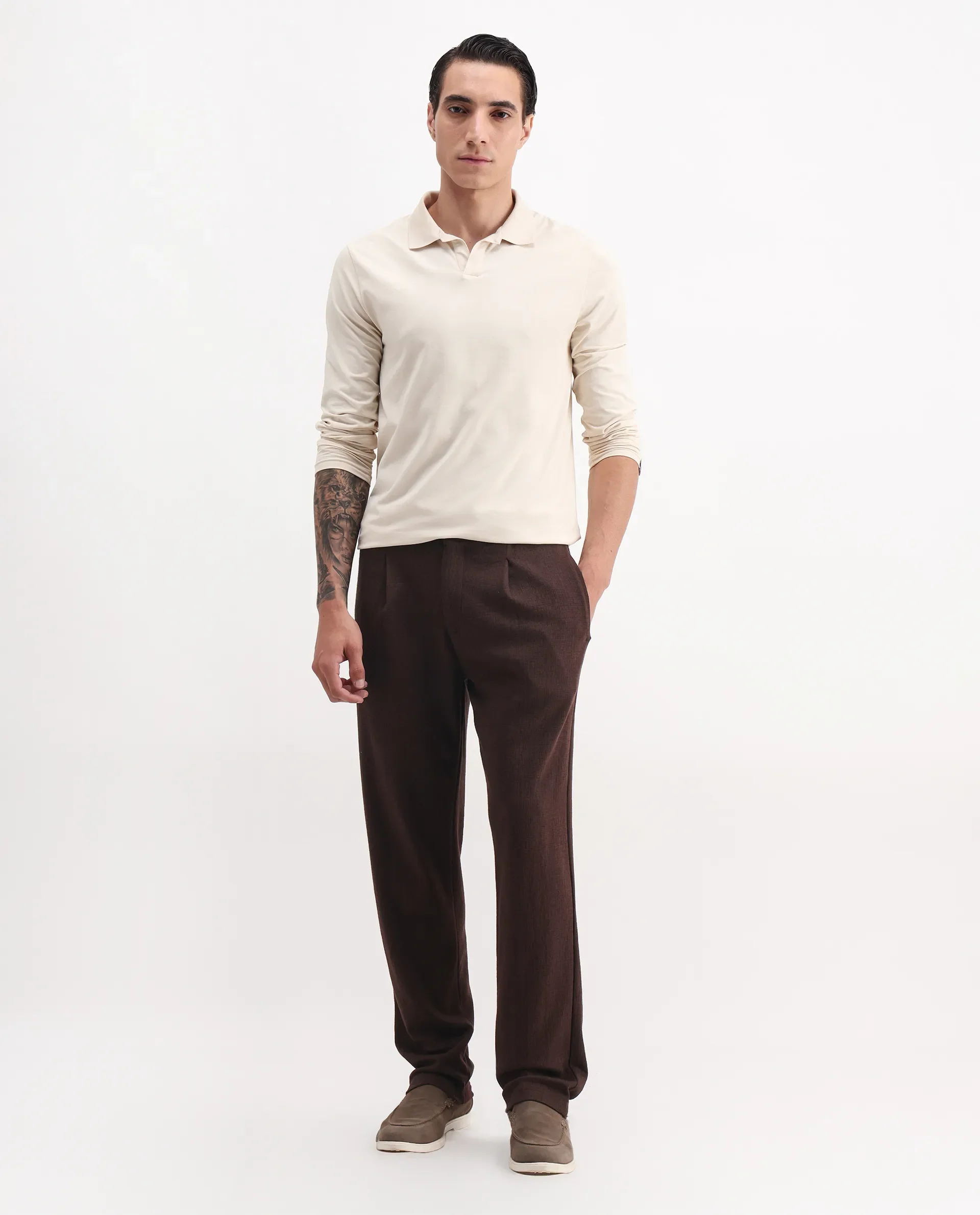 Rare Rabbit Men's Keloe Dark Brown Cotton Blend Plain Relaxed Fit Trouser - Image 4