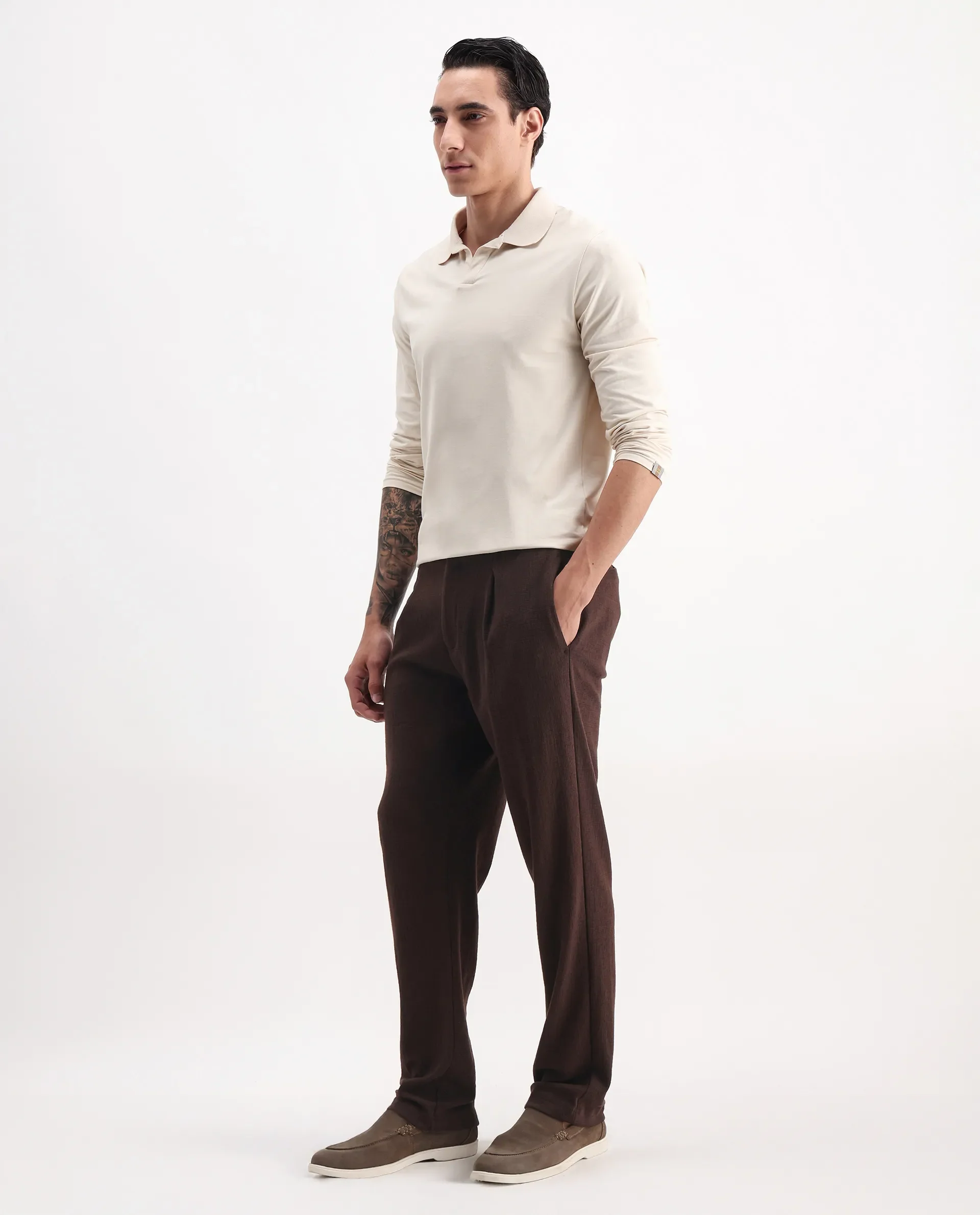 Rare Rabbit Men's Keloe Dark Brown Cotton Blend Plain Relaxed Fit Trouser - Image 5