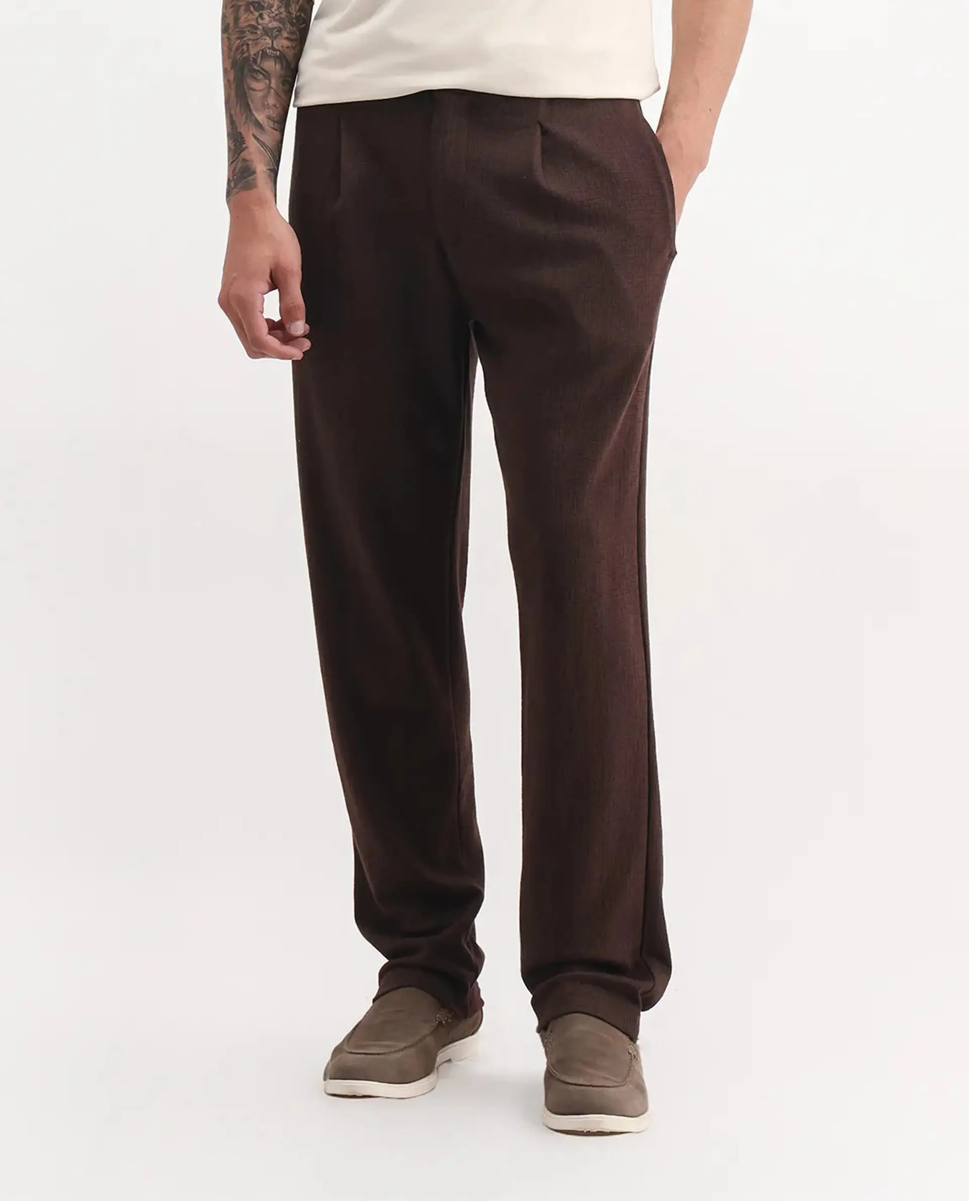 Rare Rabbit Men's Keloe Dark Brown Cotton Blend Plain Relaxed Fit Trouser - Image 8