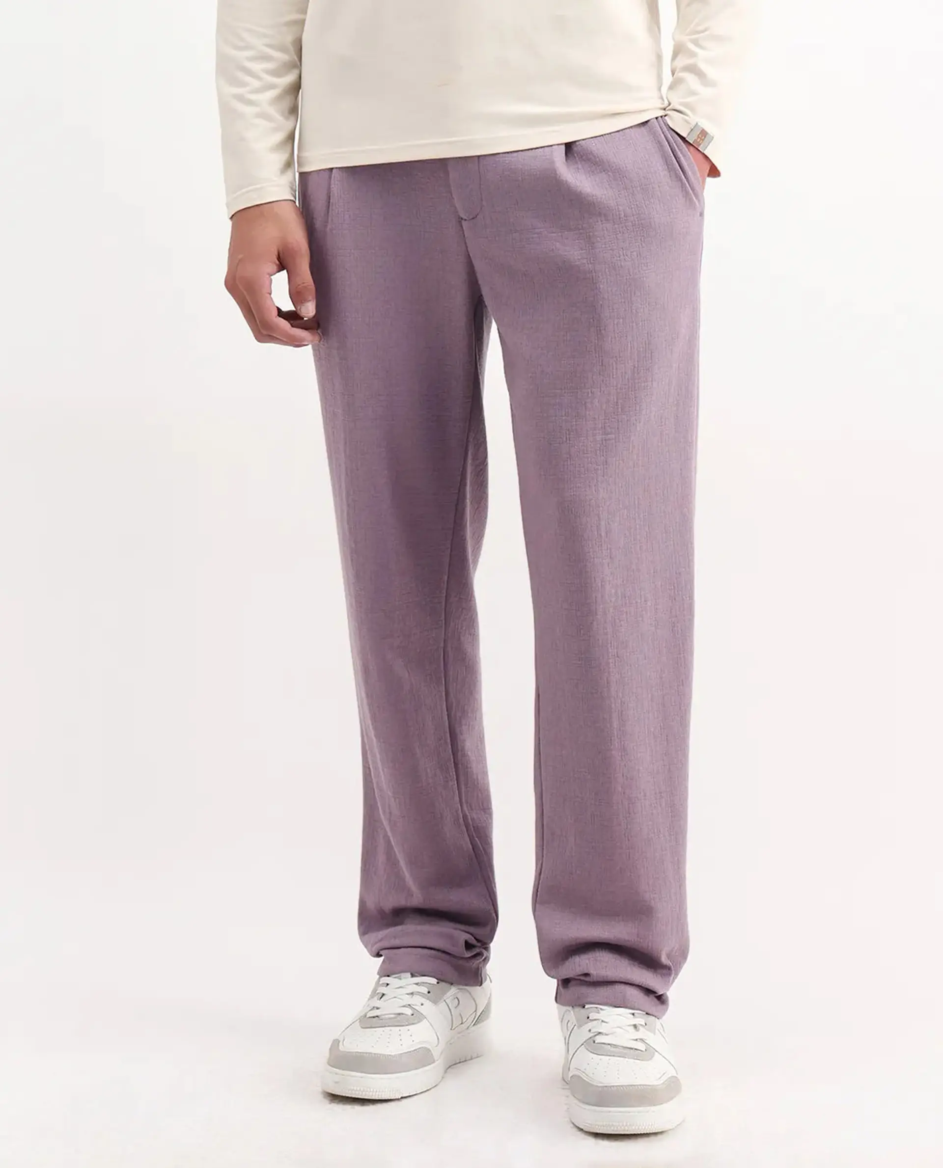 Rare Rabbit Men's Keloe Dusky Purple Cotton Blend Plain Relaxed Fit Trouser - Image 8