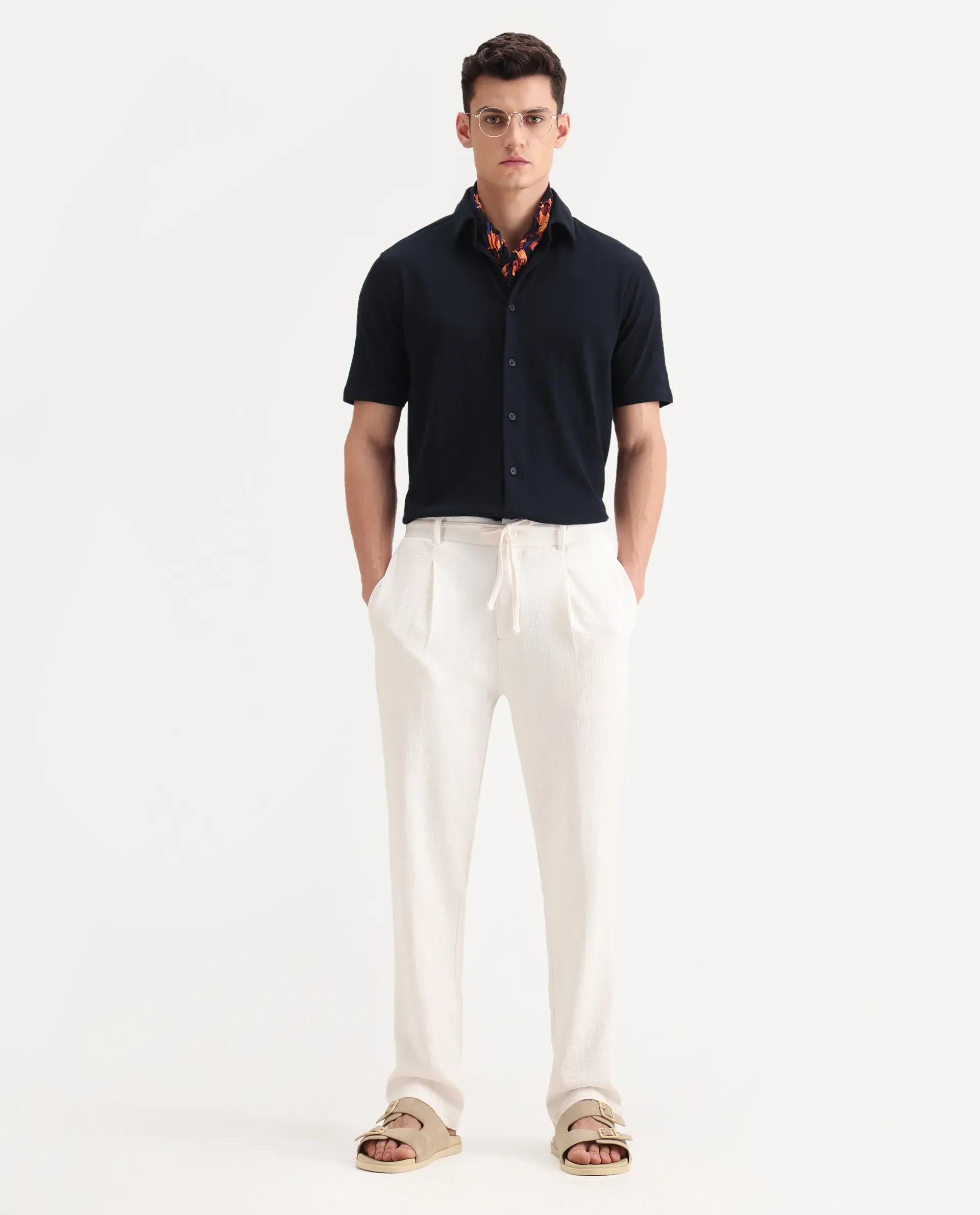 Rare Rabbit Men's Keloe Off White Cotton Blend Plain Relaxed Fit Trouser