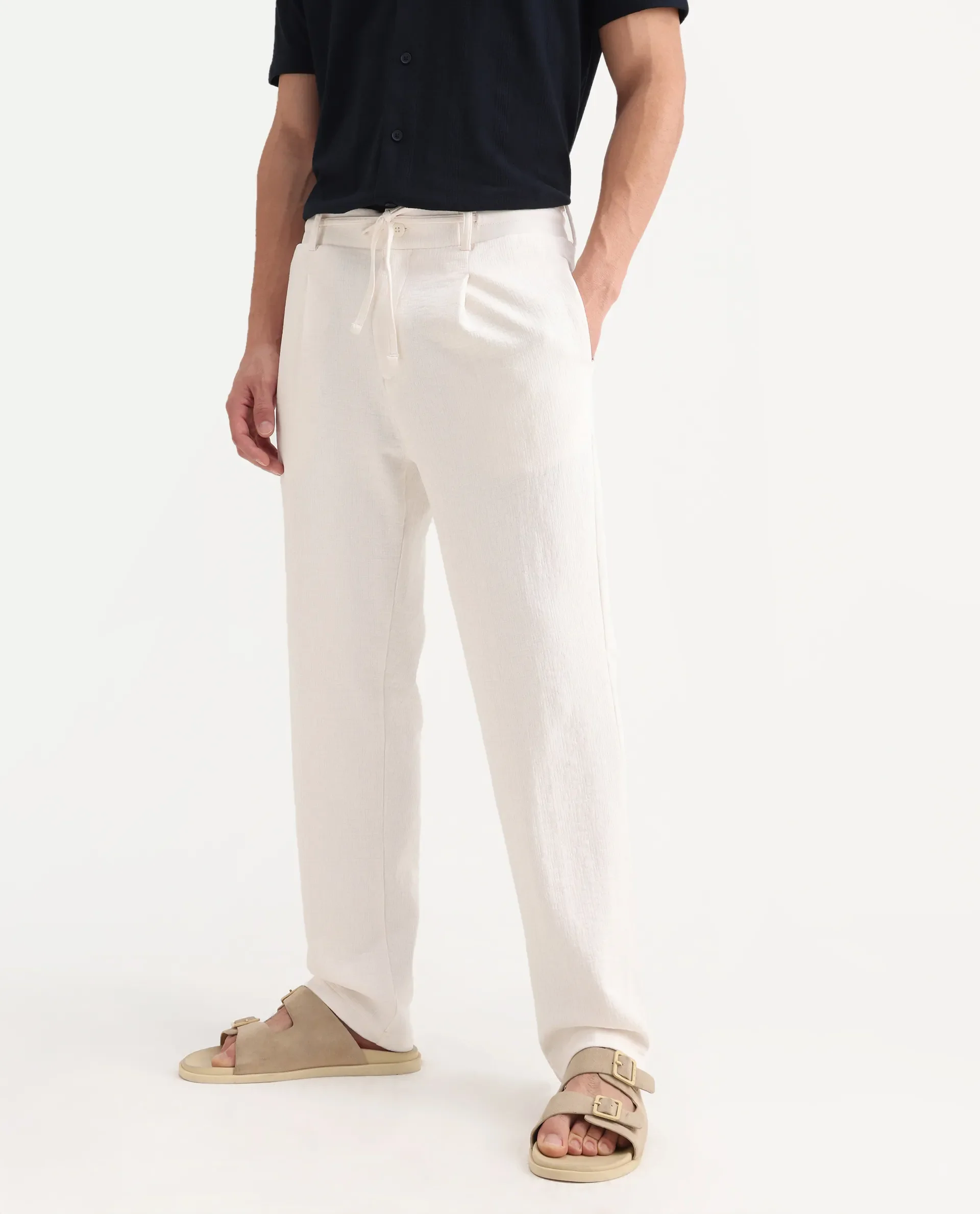 Rare Rabbit Men's Keloe Off White Cotton Blend Plain Relaxed Fit Trouser - Image 2
