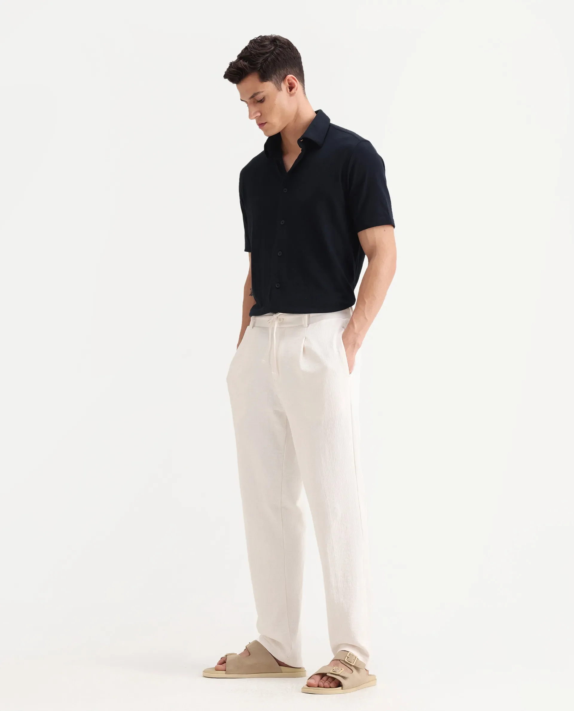 Rare Rabbit Men's Keloe Off White Cotton Blend Plain Relaxed Fit Trouser - Image 4