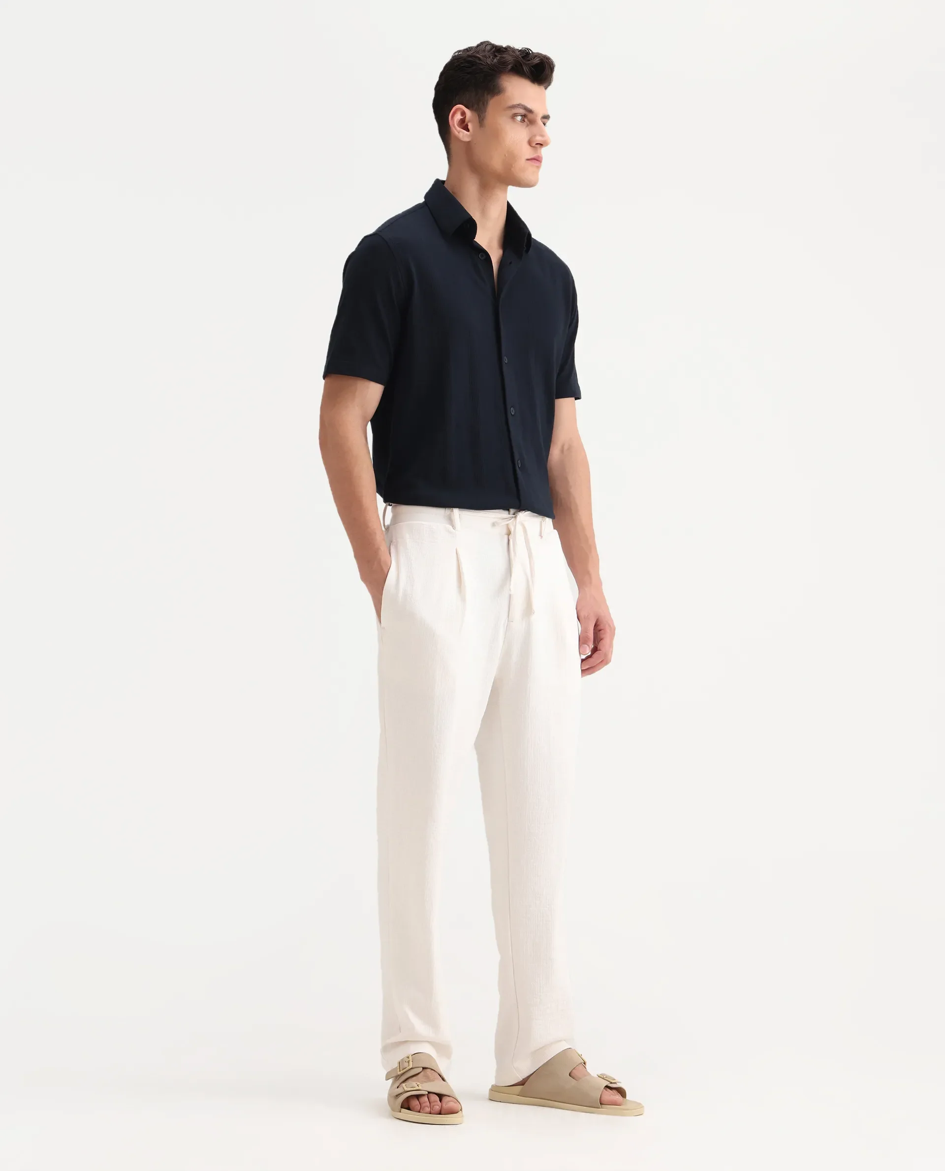 Rare Rabbit Men's Keloe Off White Cotton Blend Plain Relaxed Fit Trouser - Image 5