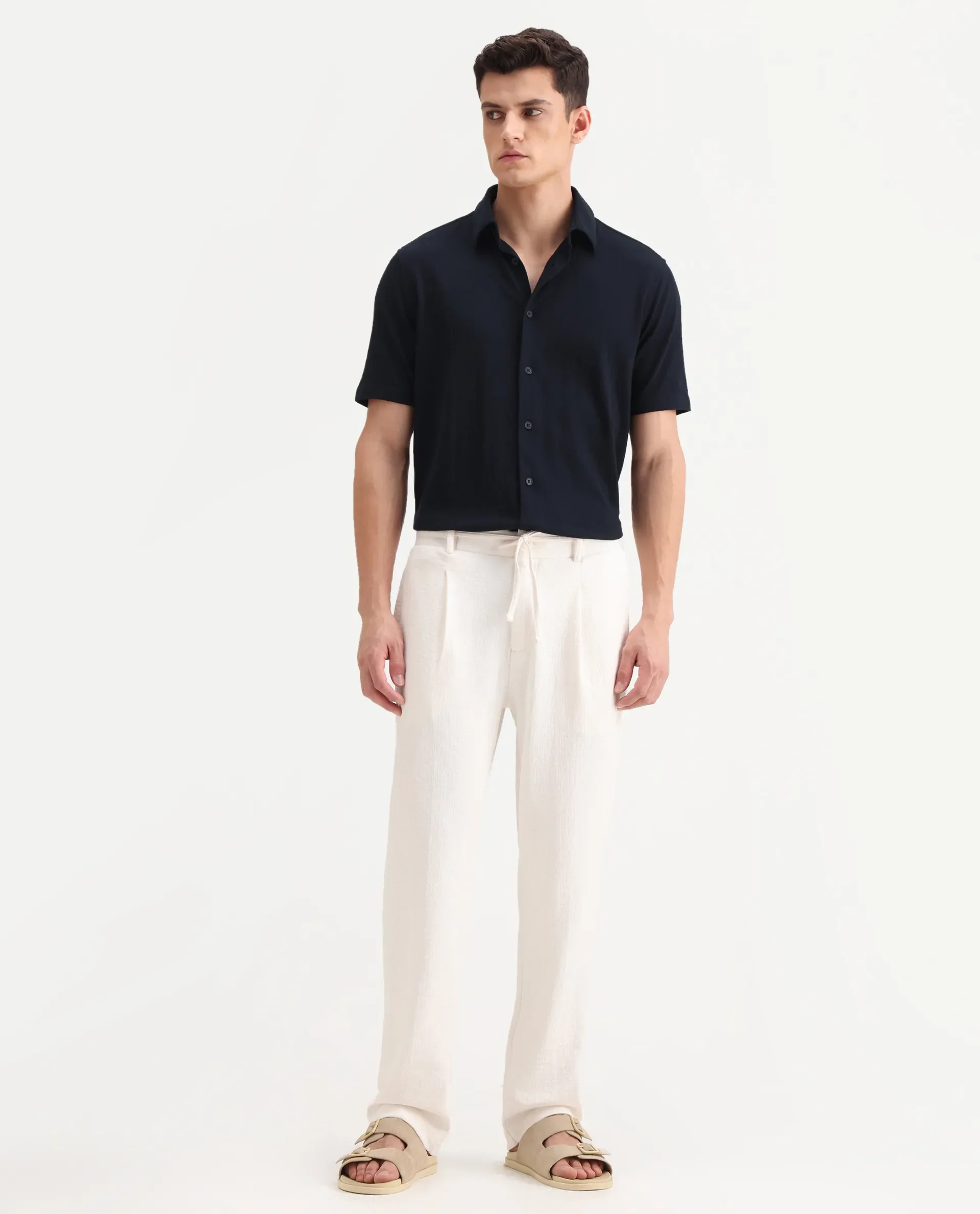 Rare Rabbit Men's Keloe Off White Cotton Blend Plain Relaxed Fit Trouser - Image 7