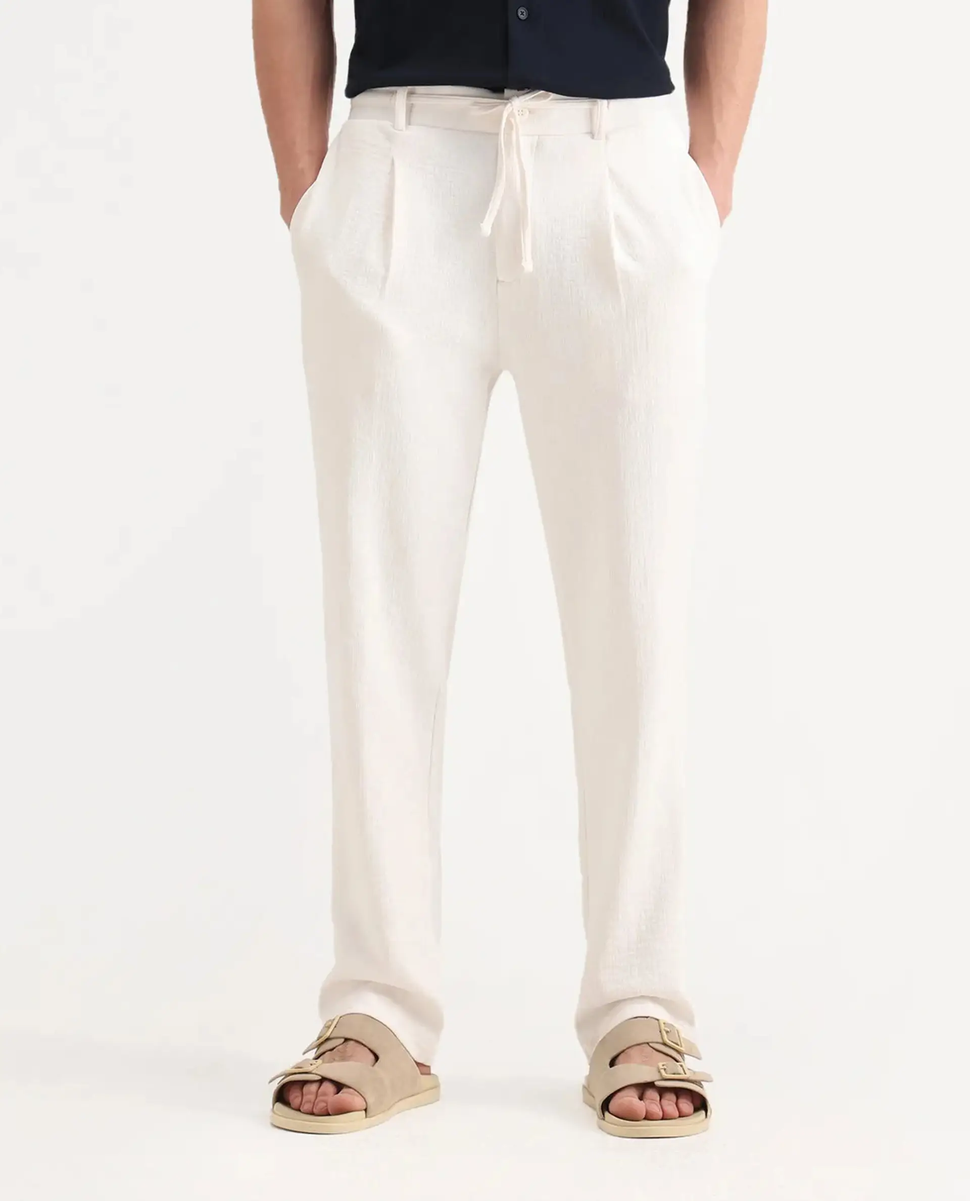 Rare Rabbit Men's Keloe Off White Cotton Blend Plain Relaxed Fit Trouser - Image 9