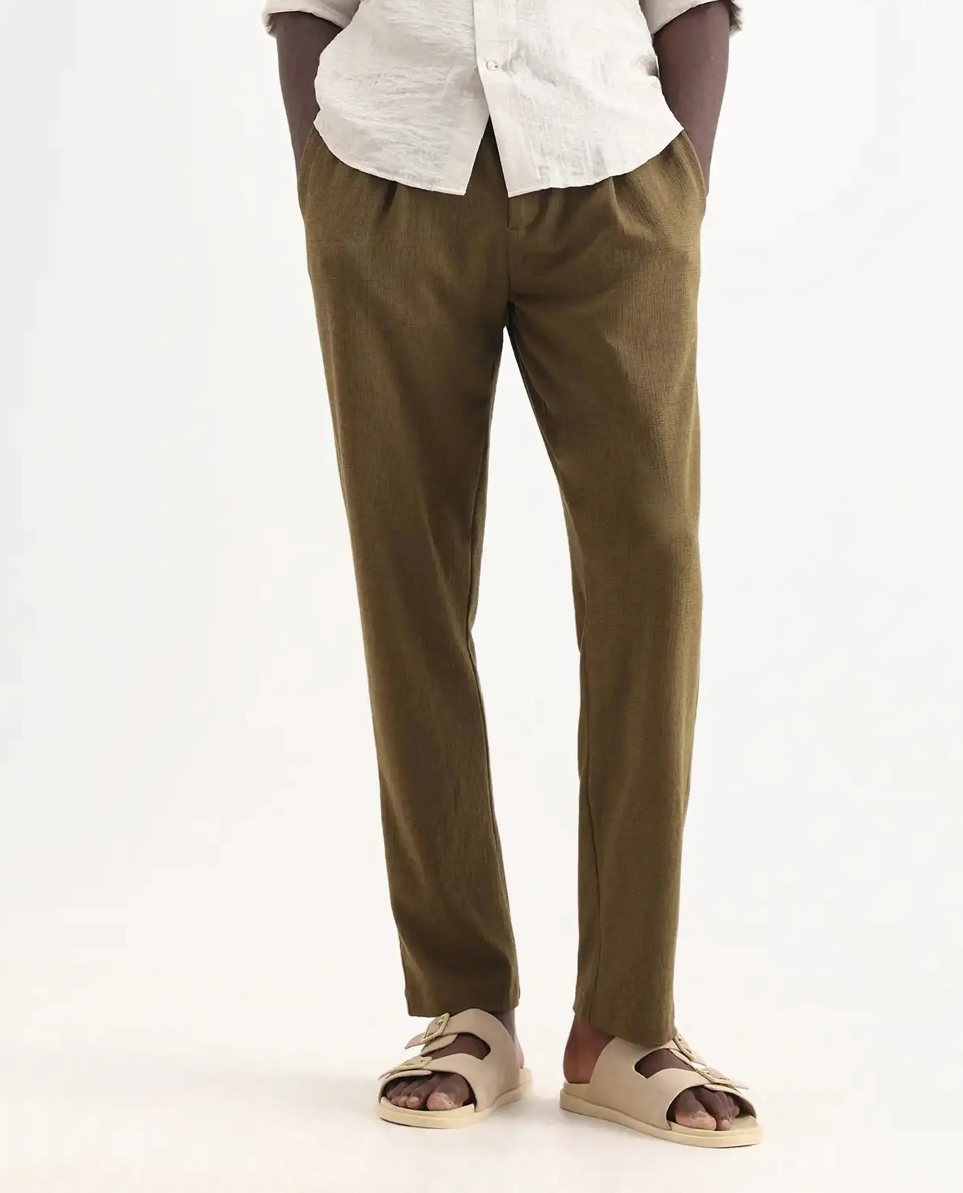 Rare Rabbit Men's Keloe Olive Cotton Blend Plain Relaxed Fit Trouser - Image 10