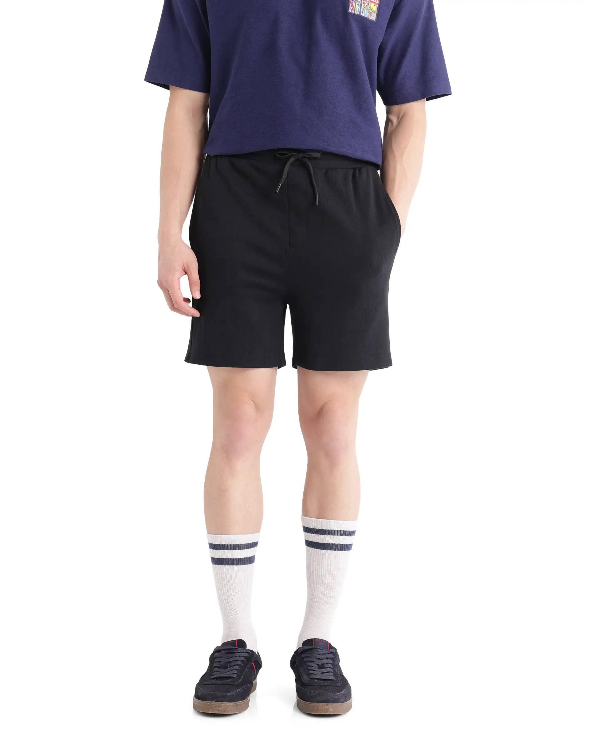 Rare Rabbit Men's Kelor Black Cotton Blend Plain Regular Fit Shorts - Image 3