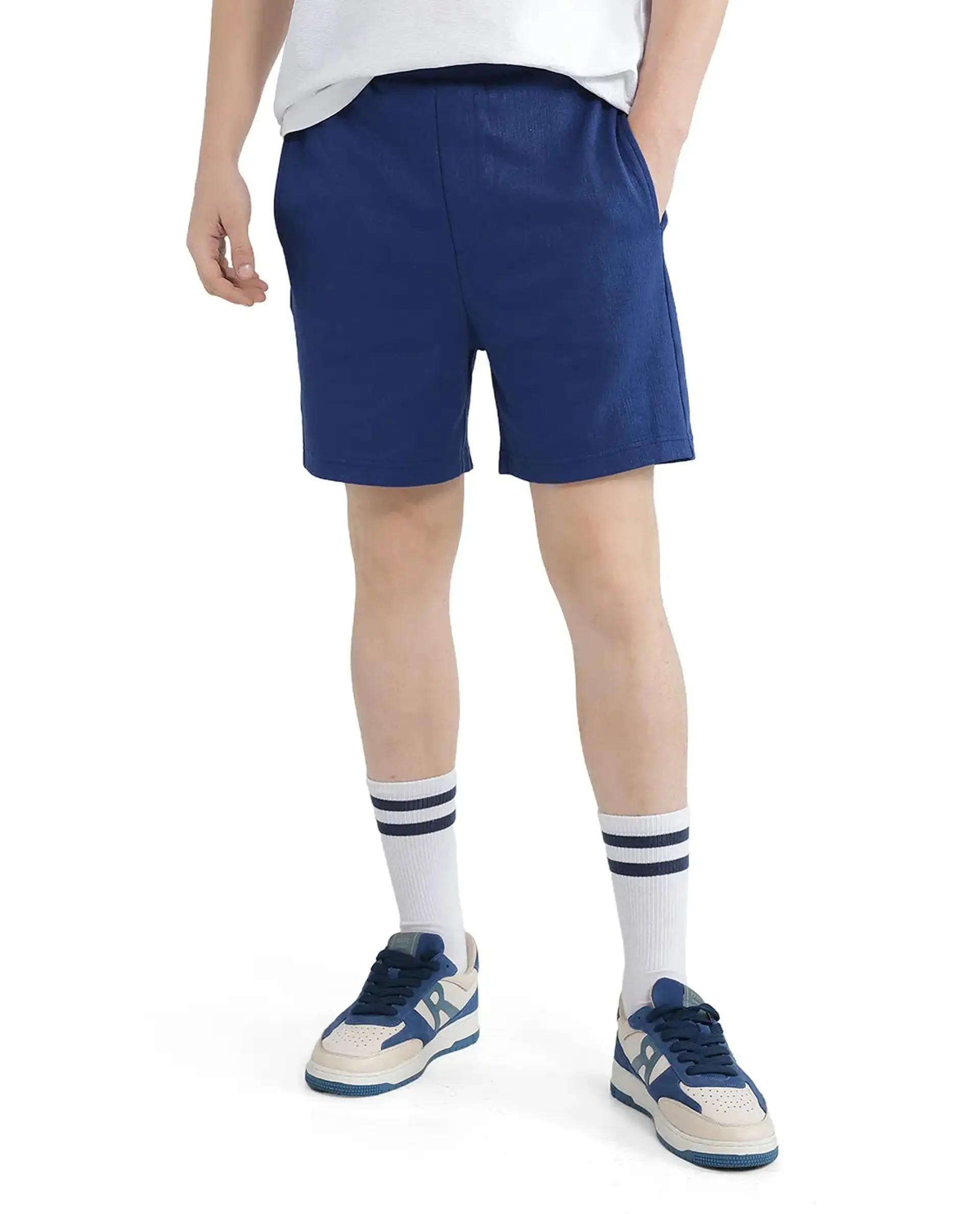 Rare Rabbit Men's Kelor Blue Cotton Blend Plain Regular Fit Shorts - Image 11