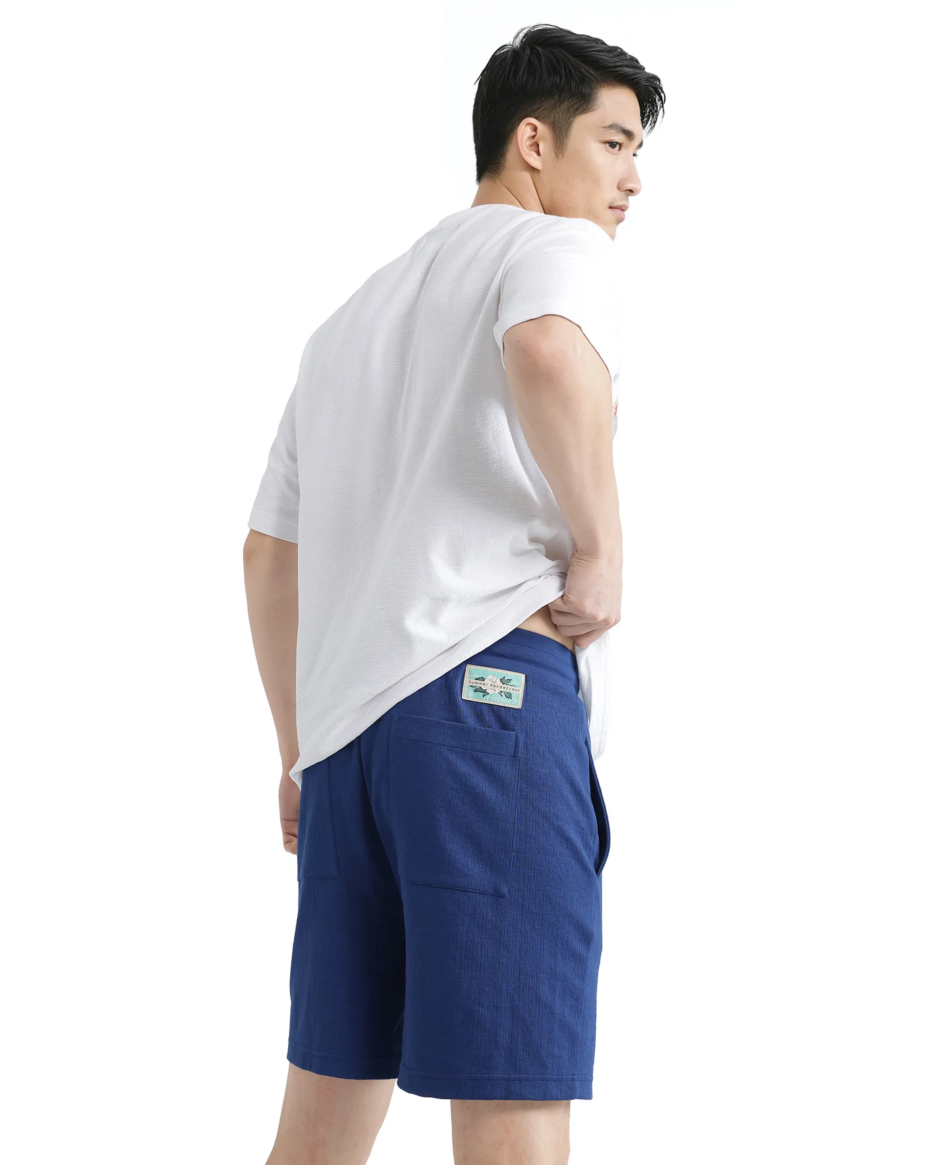 Rare Rabbit Men's Kelor Blue Cotton Blend Plain Regular Fit Shorts - Image 3
