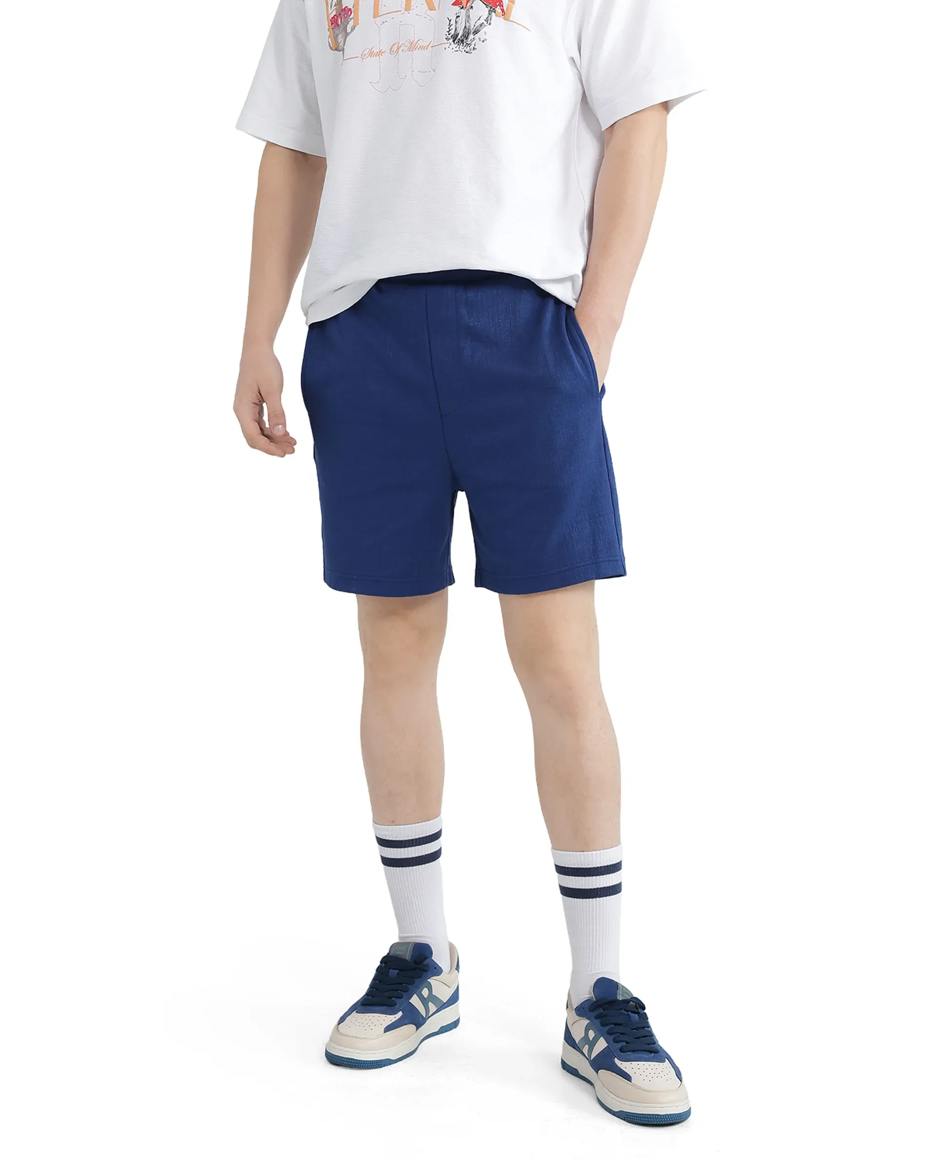 Rare Rabbit Men's Kelor Blue Cotton Blend Plain Regular Fit Shorts - Image 7
