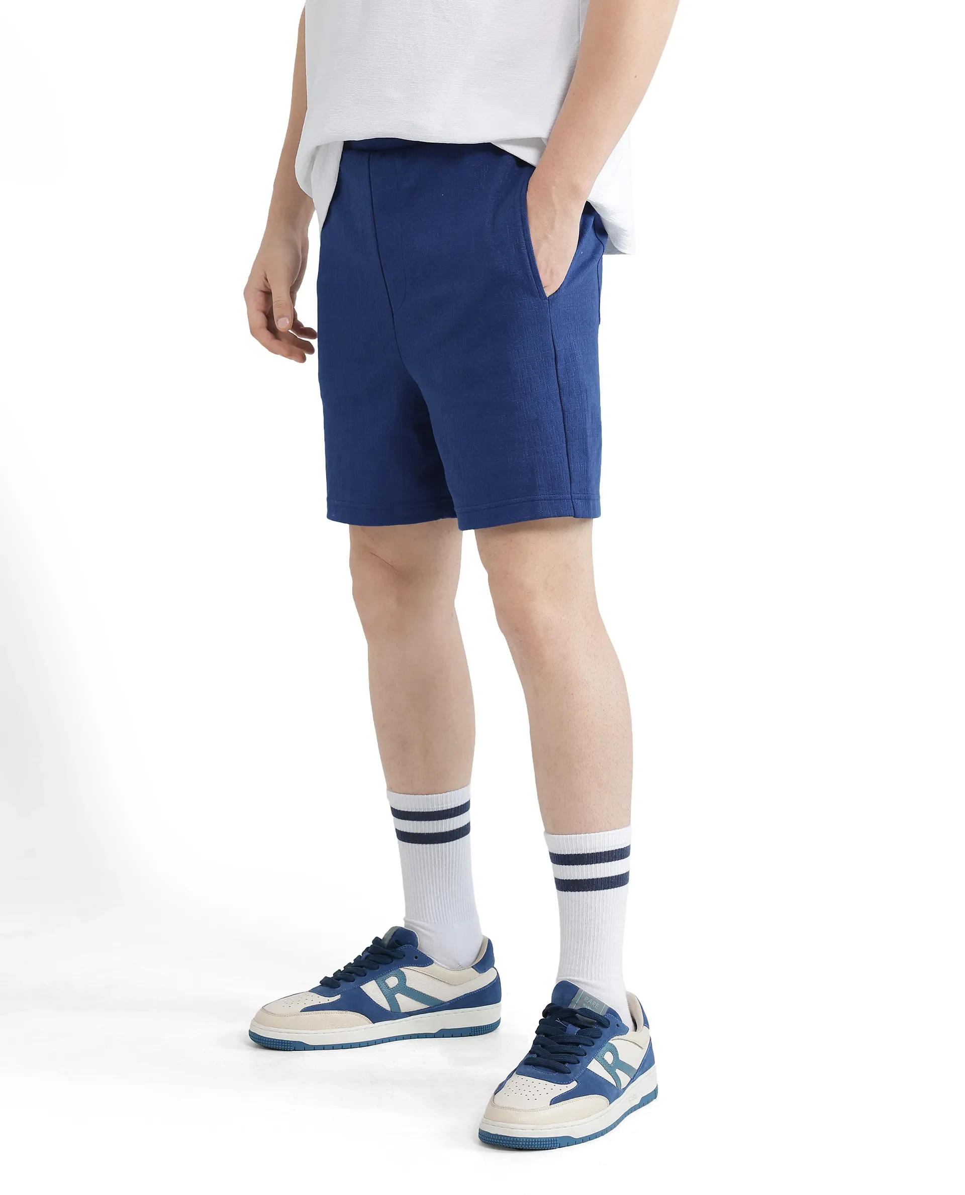 Rare Rabbit Men's Kelor Blue Cotton Blend Plain Regular Fit Shorts - Image 8