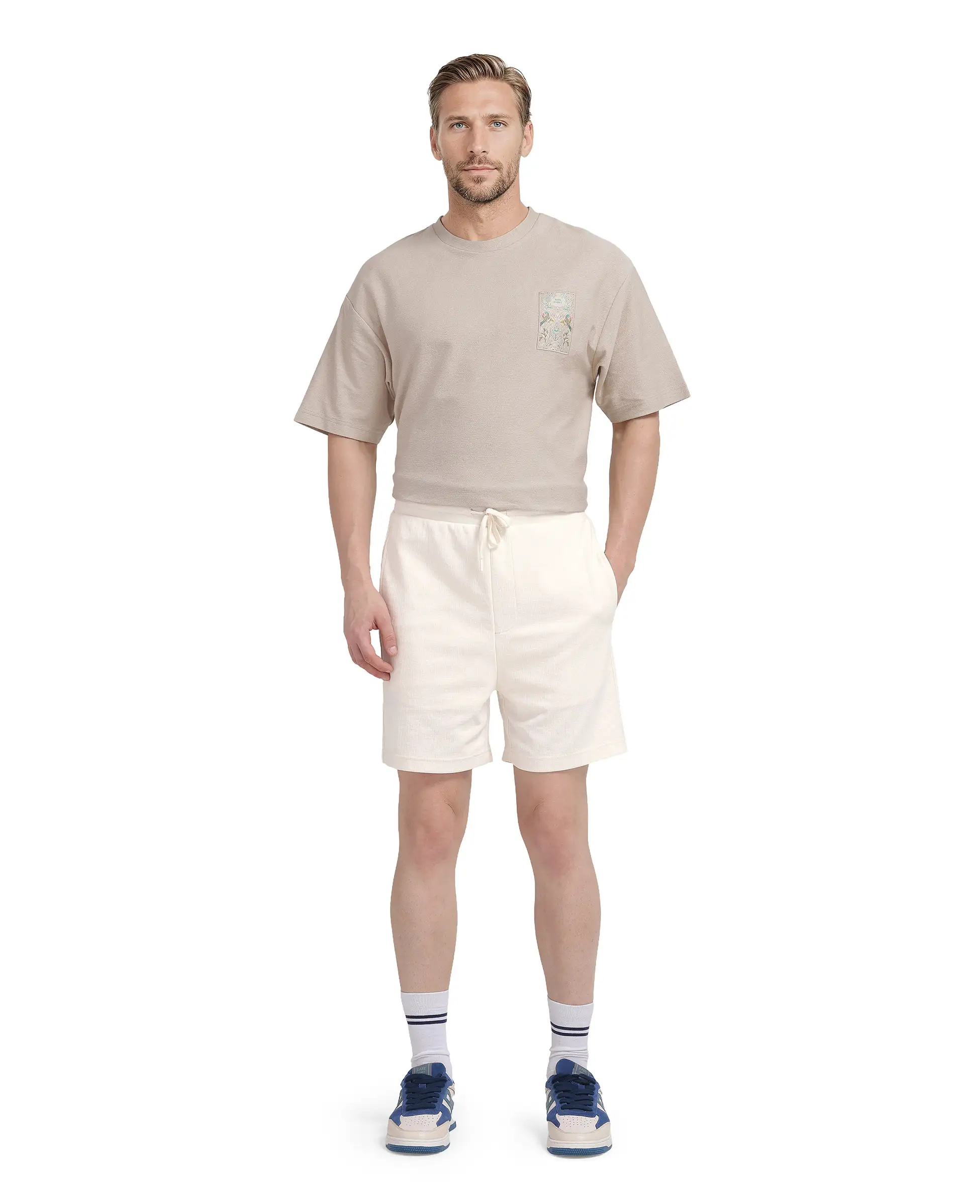 Rare Rabbit Men's Kelor Off White Cotton Blend Plain Regular Fit Shorts - Image 7
