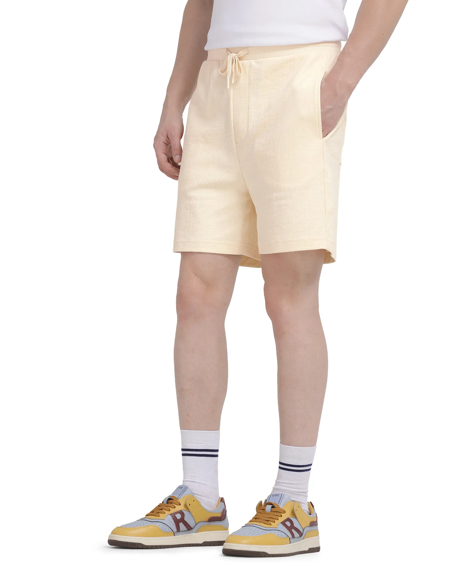 Rare Rabbit Men's Kelor Pastel Yellow Cotton Blend Plain Regular Fit Shorts - Image 2