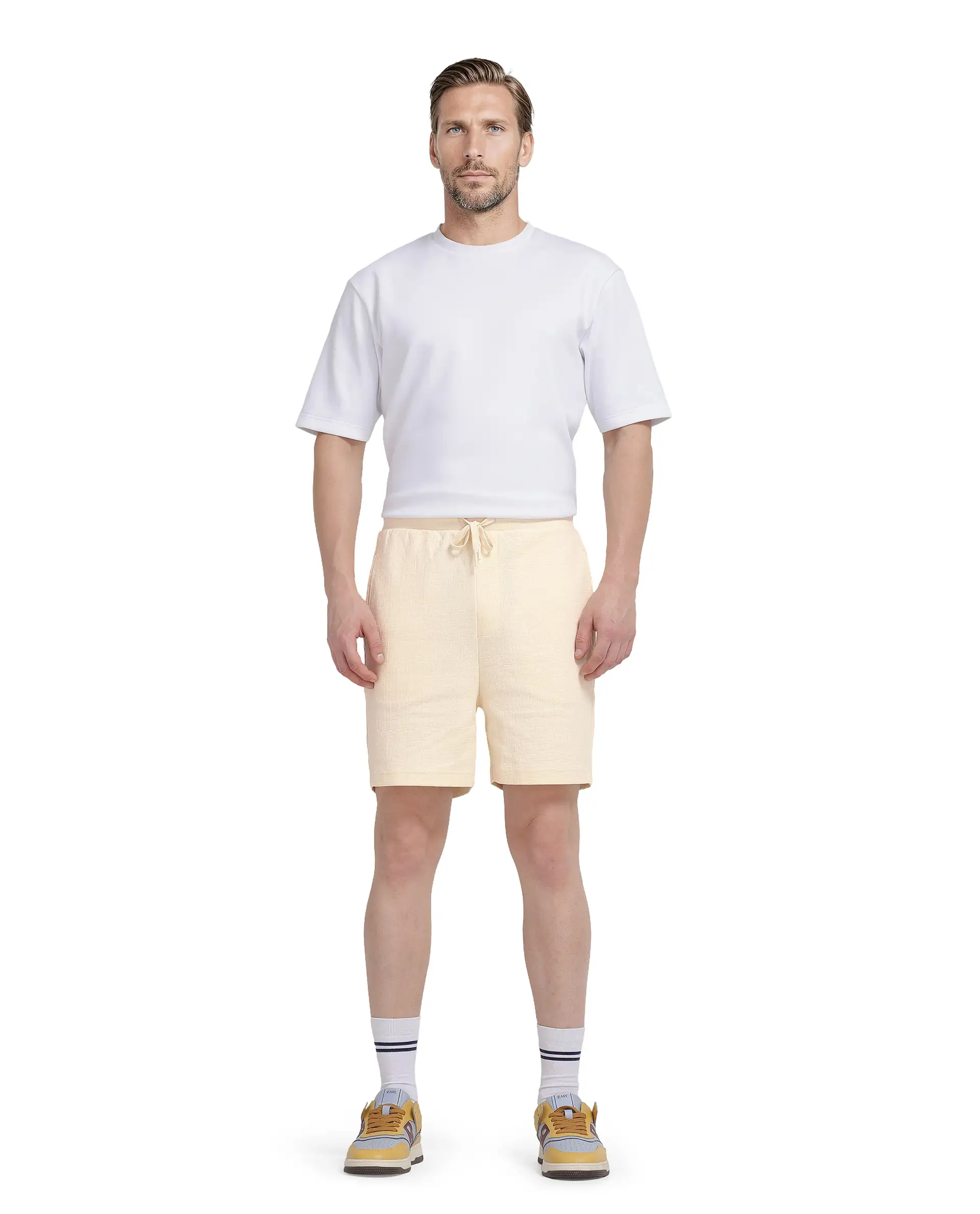 Rare Rabbit Men's Kelor Pastel Yellow Cotton Blend Plain Regular Fit Shorts - Image 3
