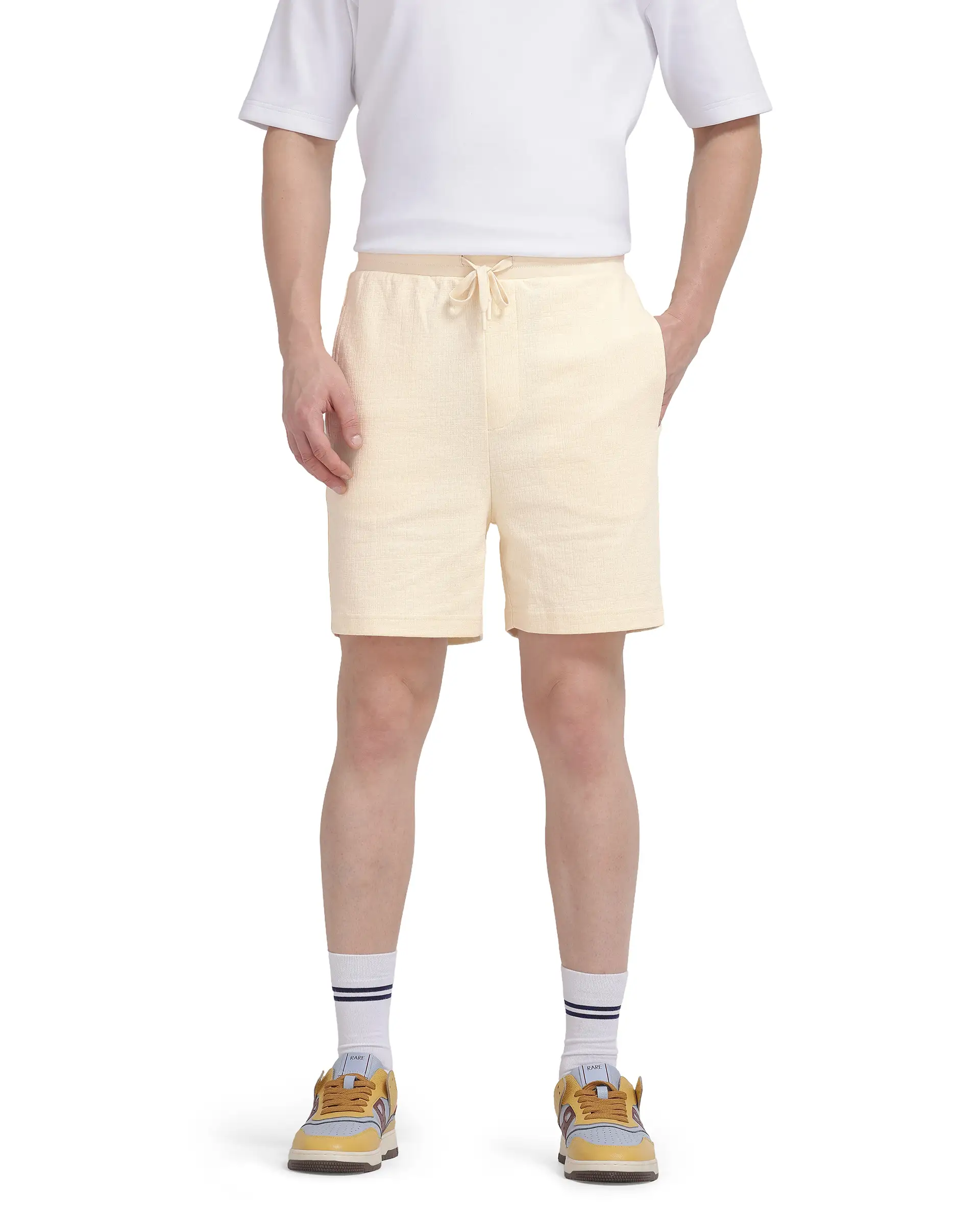 Rare Rabbit Men's Kelor Pastel Yellow Cotton Blend Plain Regular Fit Shorts - Image 4