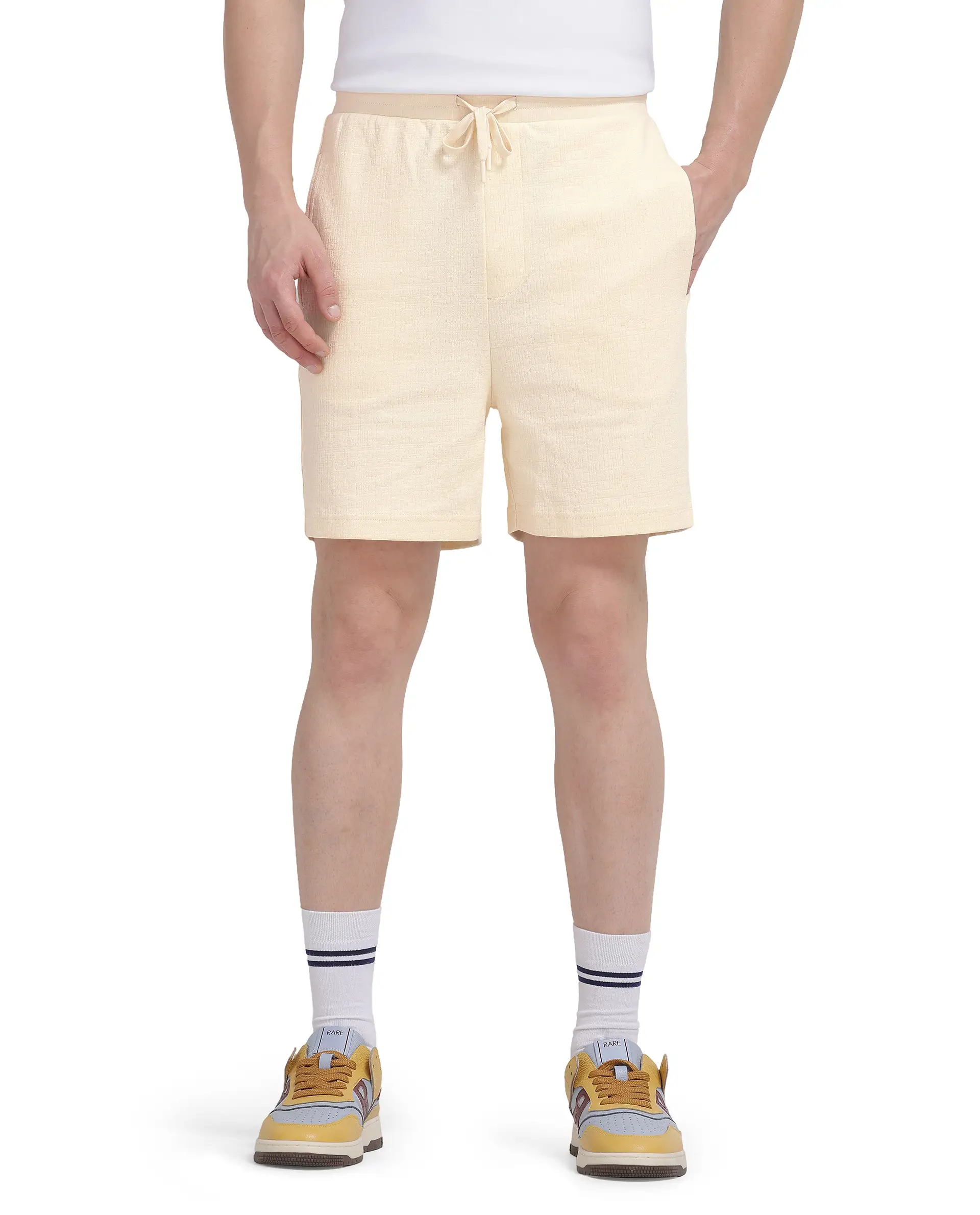 Rare Rabbit Men's Kelor Pastel Yellow Cotton Blend Plain Regular Fit Shorts - Image 7