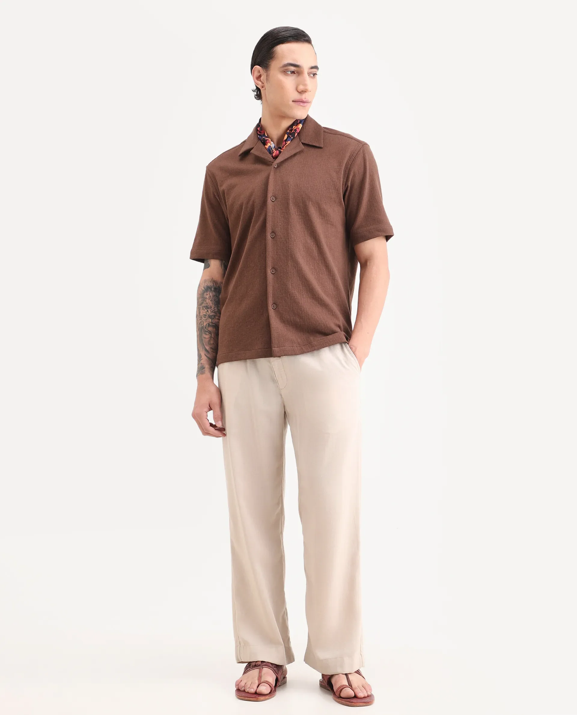 Rare Rabbit Men's Kelos-26 Brown Cotton Blend Fabric Half Sleeve Cuban Collar Regular Fit Plain Shirt - Image 2