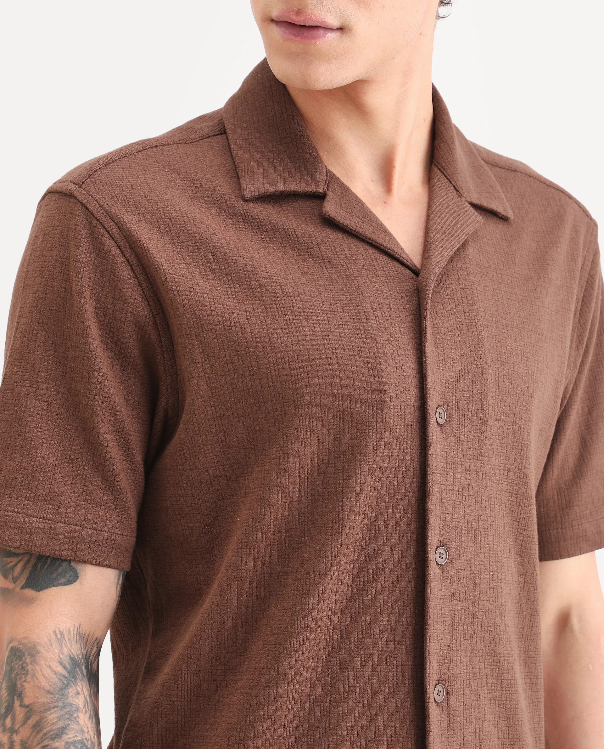 Rare Rabbit Men's Kelos-26 Brown Cotton Blend Fabric Half Sleeve Cuban Collar Regular Fit Plain Shirt - Image 3