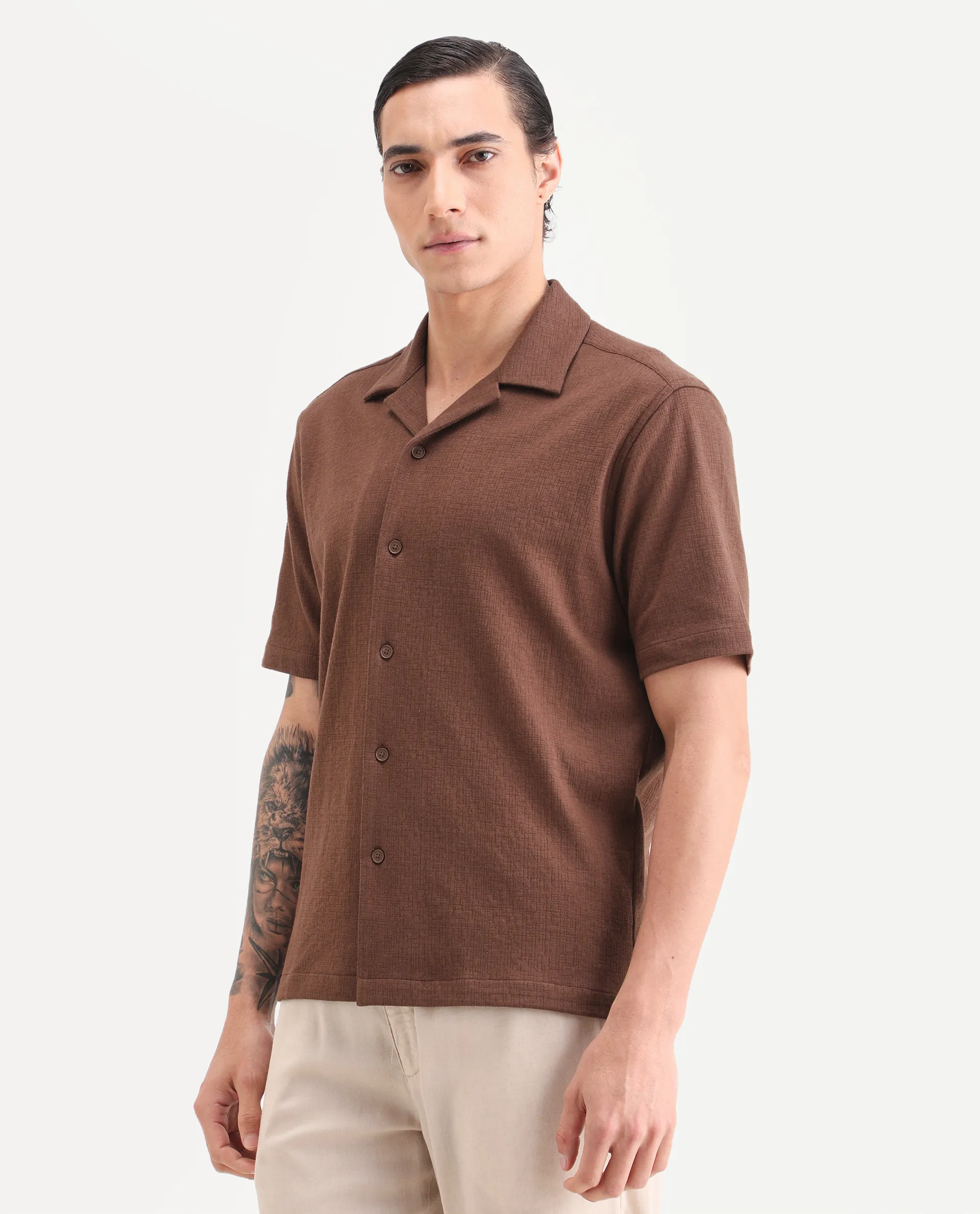 Rare Rabbit Men's Kelos-26 Brown Cotton Blend Fabric Half Sleeve Cuban Collar Regular Fit Plain Shirt - Image 4