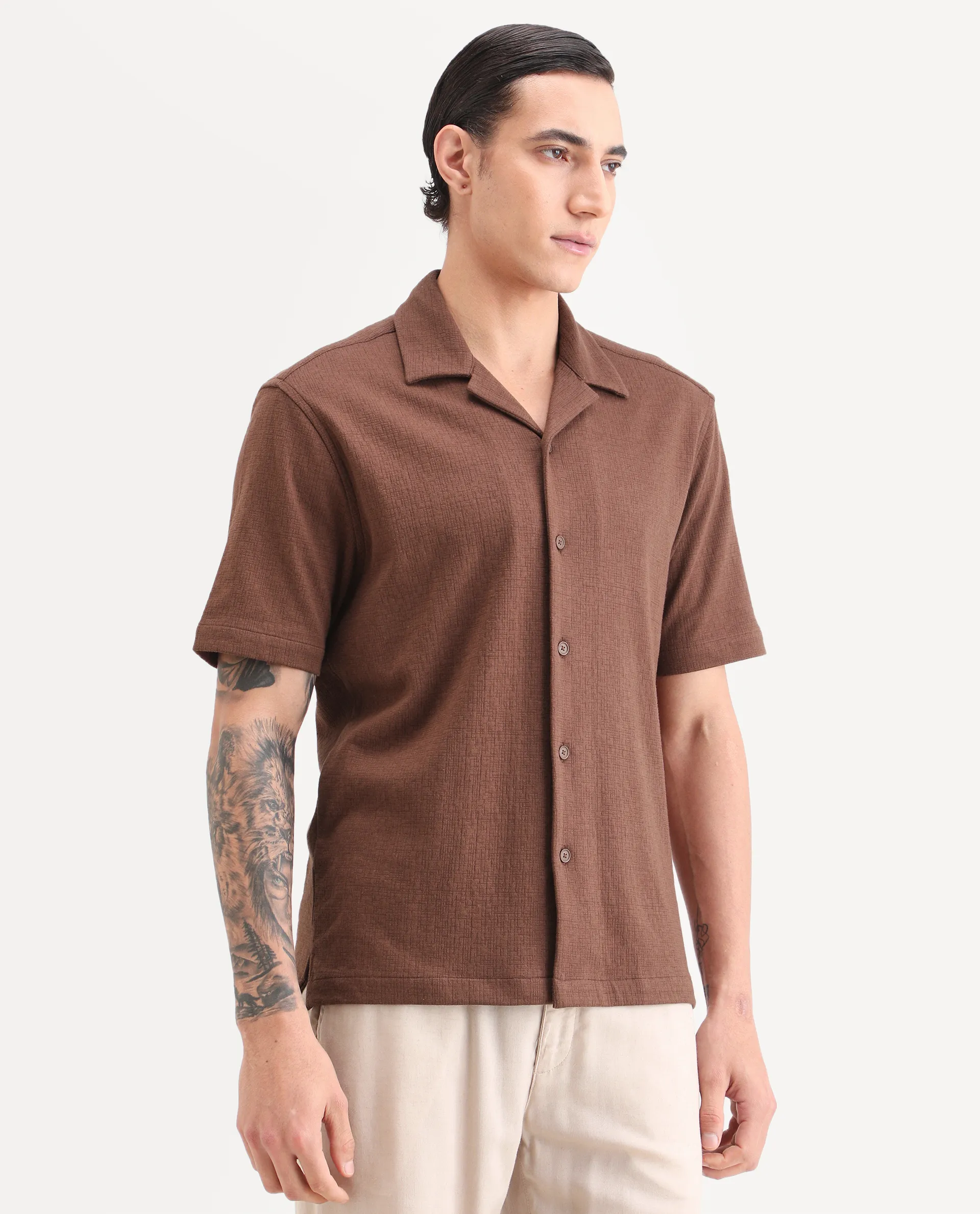Rare Rabbit Men's Kelos-26 Brown Cotton Blend Fabric Half Sleeve Cuban Collar Regular Fit Plain Shirt - Image 5