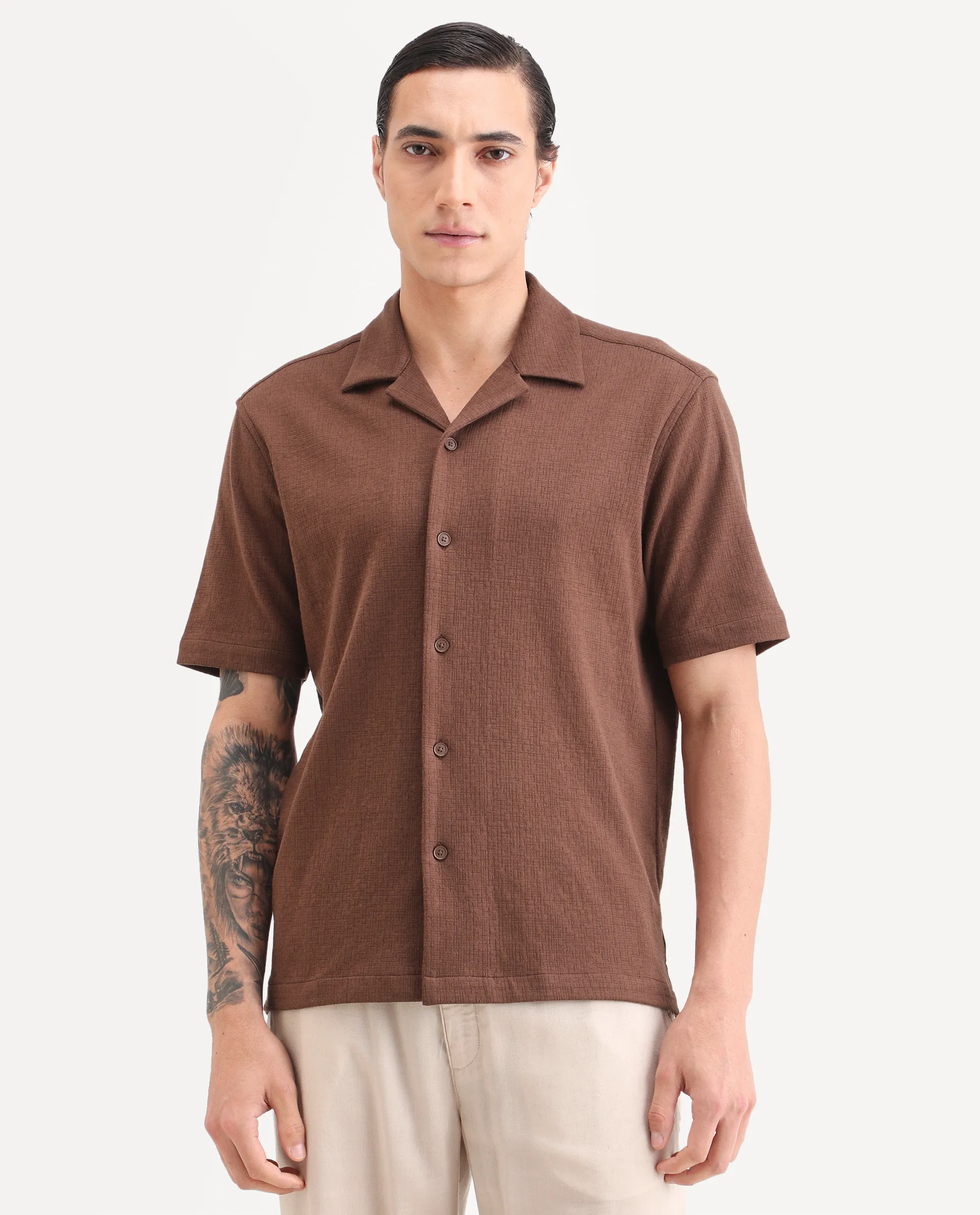 Rare Rabbit Men's Kelos-26 Brown Cotton Blend Fabric Half Sleeve Cuban Collar Regular Fit Plain Shirt - Image 6
