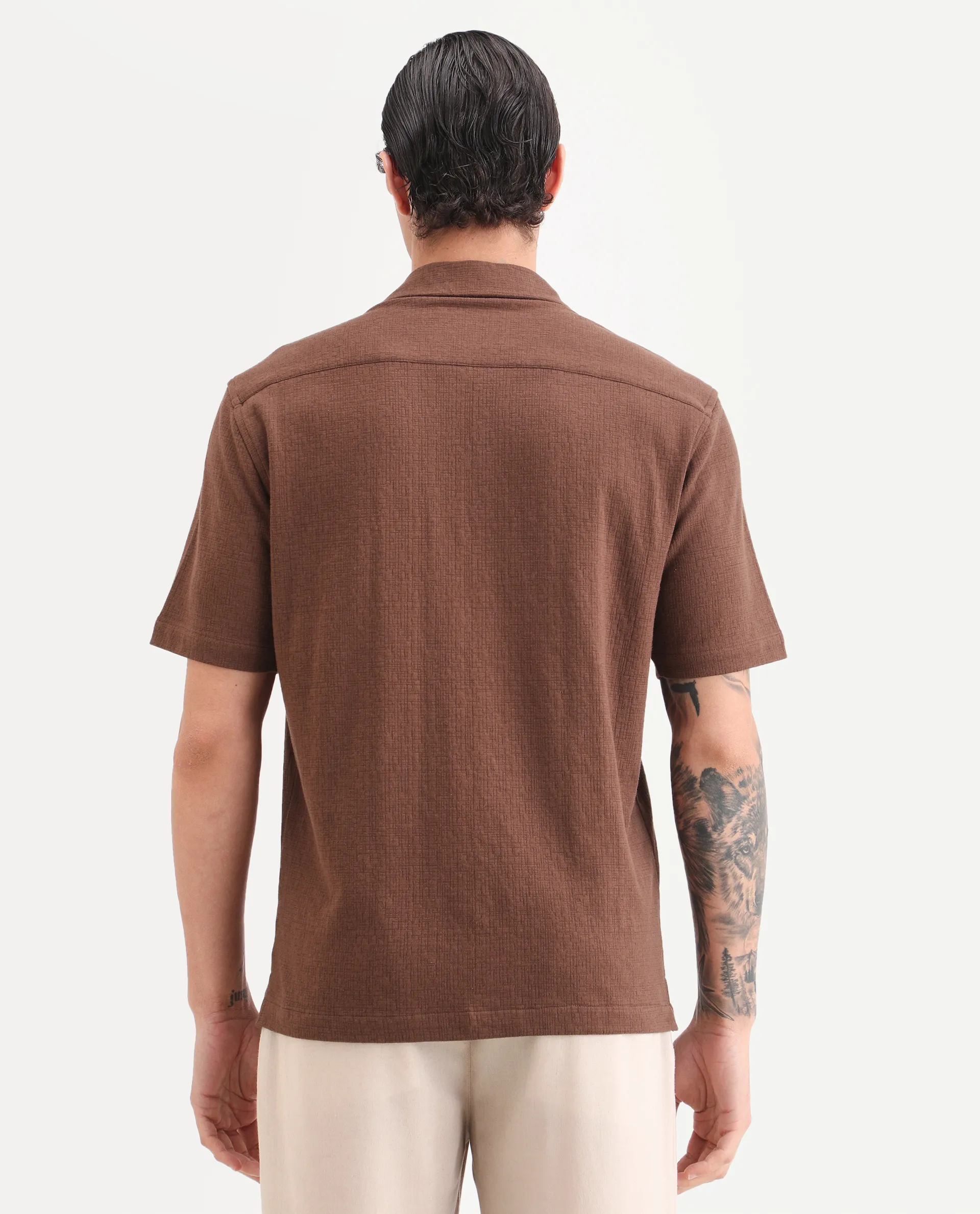 Rare Rabbit Men's Kelos-26 Brown Cotton Blend Fabric Half Sleeve Cuban Collar Regular Fit Plain Shirt - Image 7