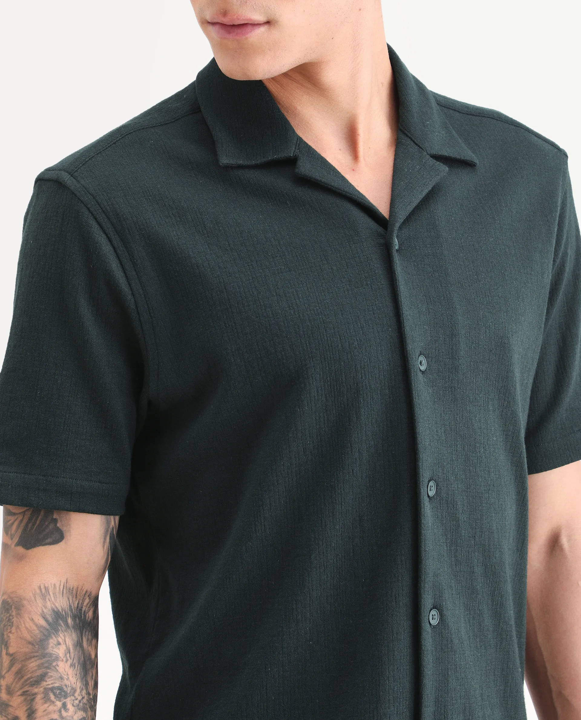 Rare Rabbit Men's Kelos-26 Dark Teal Cotton Blend Fabric Half Sleeve Cuban Collar Regular Fit Plain Shirt - Image 3