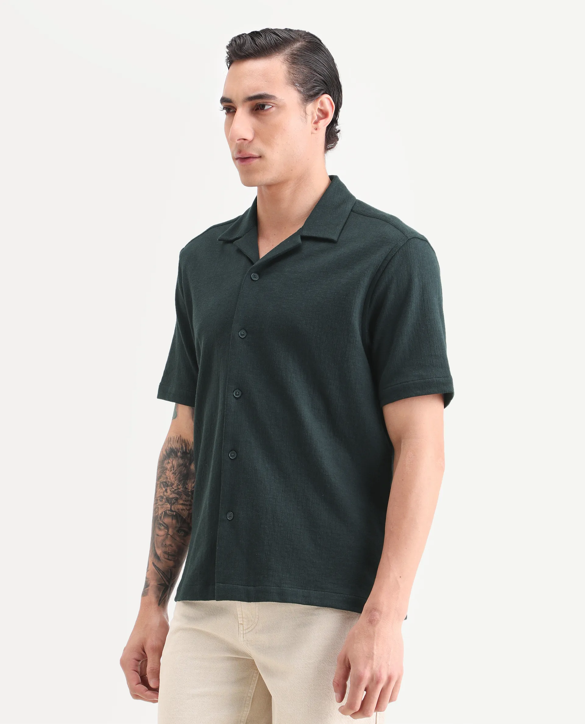 Rare Rabbit Men's Kelos-26 Dark Teal Cotton Blend Fabric Half Sleeve Cuban Collar Regular Fit Plain Shirt - Image 4