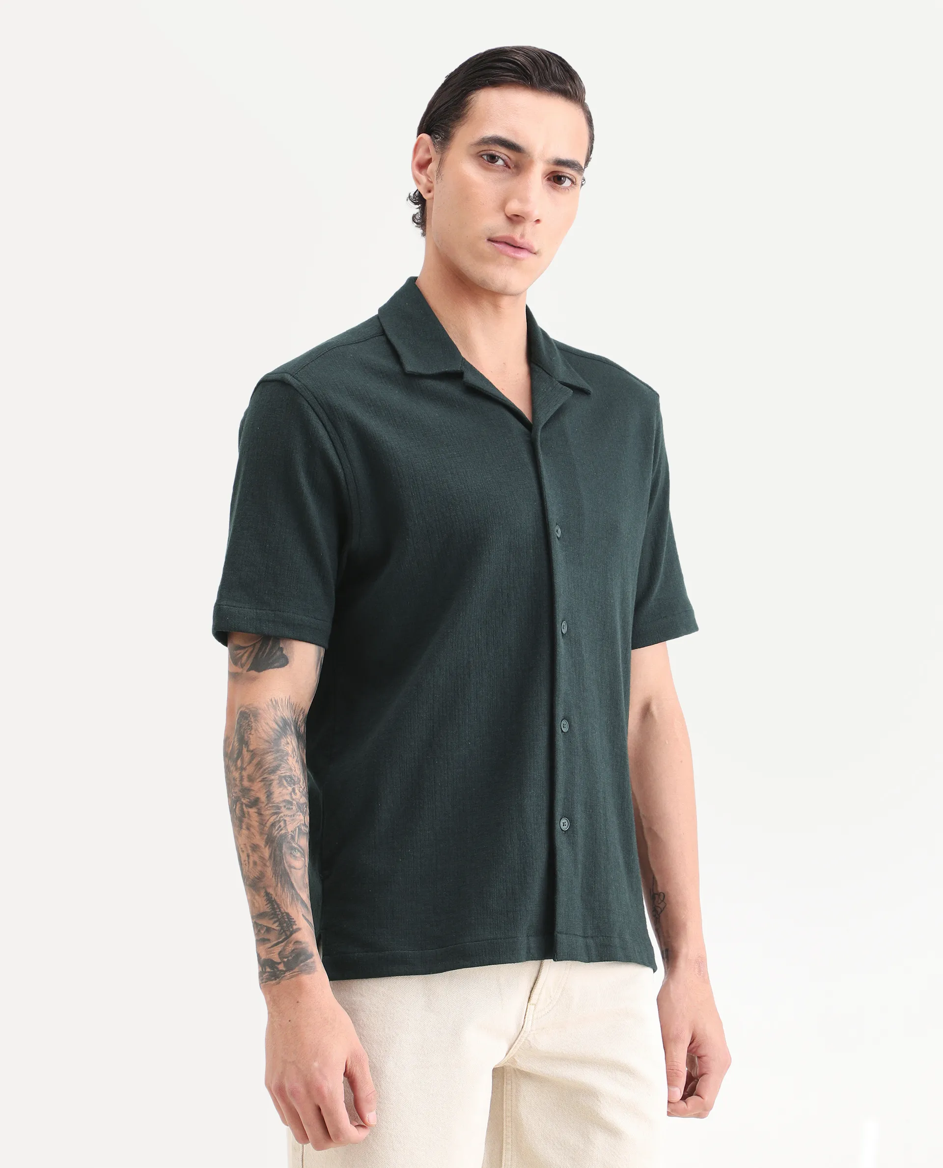 Rare Rabbit Men's Kelos-26 Dark Teal Cotton Blend Fabric Half Sleeve Cuban Collar Regular Fit Plain Shirt - Image 5