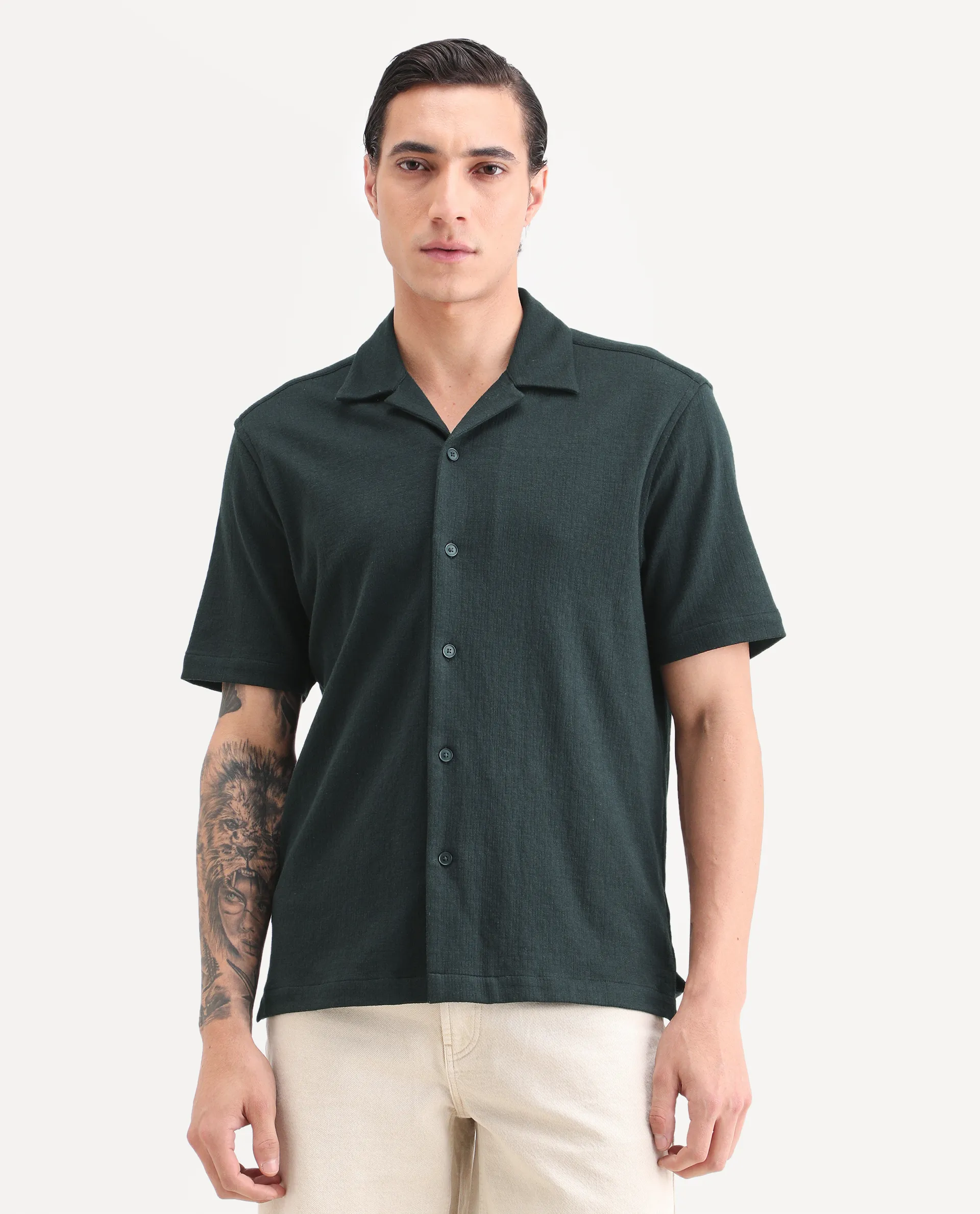 Rare Rabbit Men's Kelos-26 Dark Teal Cotton Blend Fabric Half Sleeve Cuban Collar Regular Fit Plain Shirt - Image 6