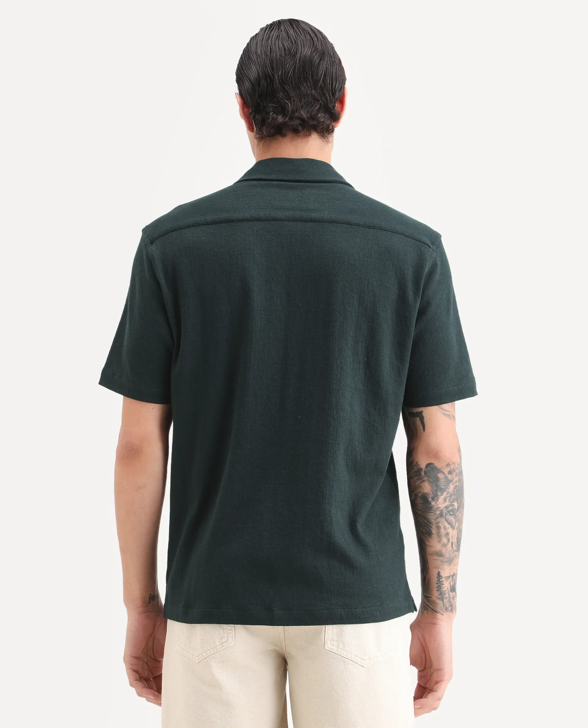 Rare Rabbit Men's Kelos-26 Dark Teal Cotton Blend Fabric Half Sleeve Cuban Collar Regular Fit Plain Shirt - Image 7