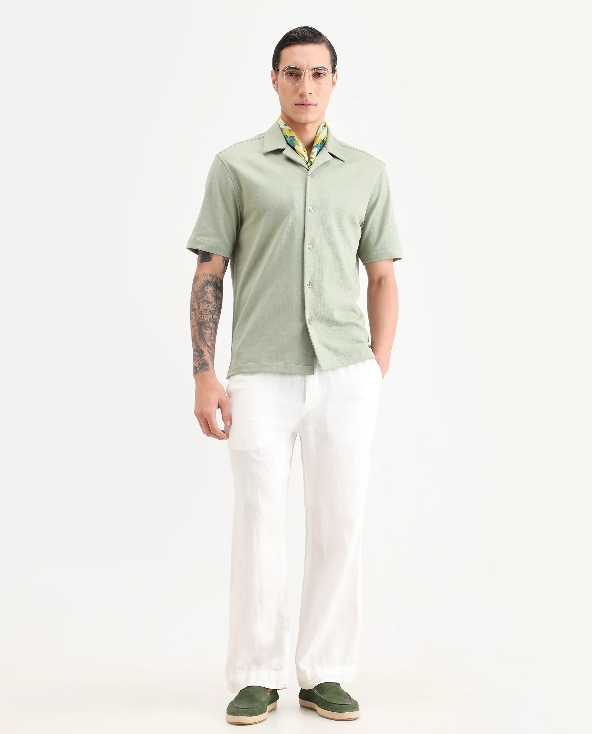 Rare Rabbit Men's Kelos-26 Light Green Cotton Blend Fabric Half Sleeve Cuban Collar Regular Fit Plain Shirt - Image 2