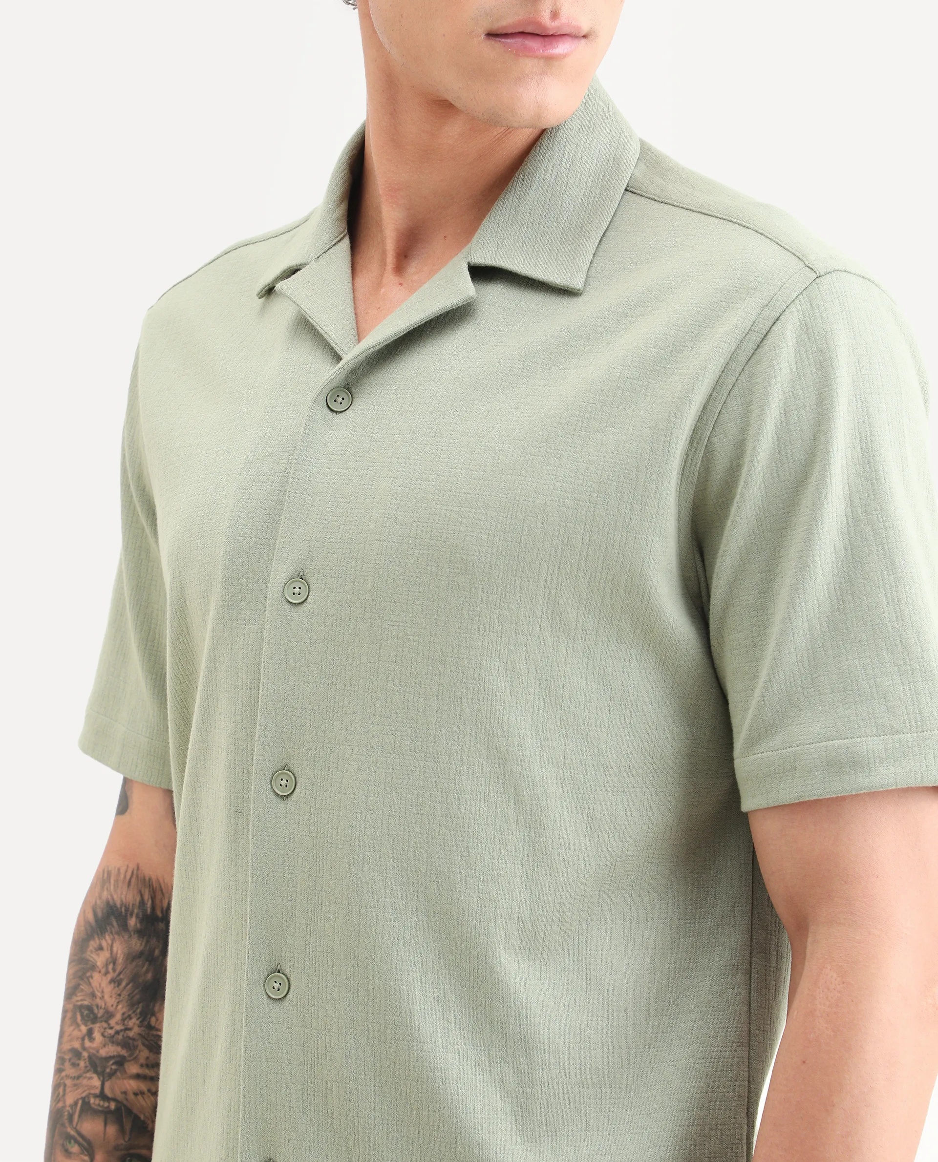 Rare Rabbit Men's Kelos-26 Light Green Cotton Blend Fabric Half Sleeve Cuban Collar Regular Fit Plain Shirt - Image 3