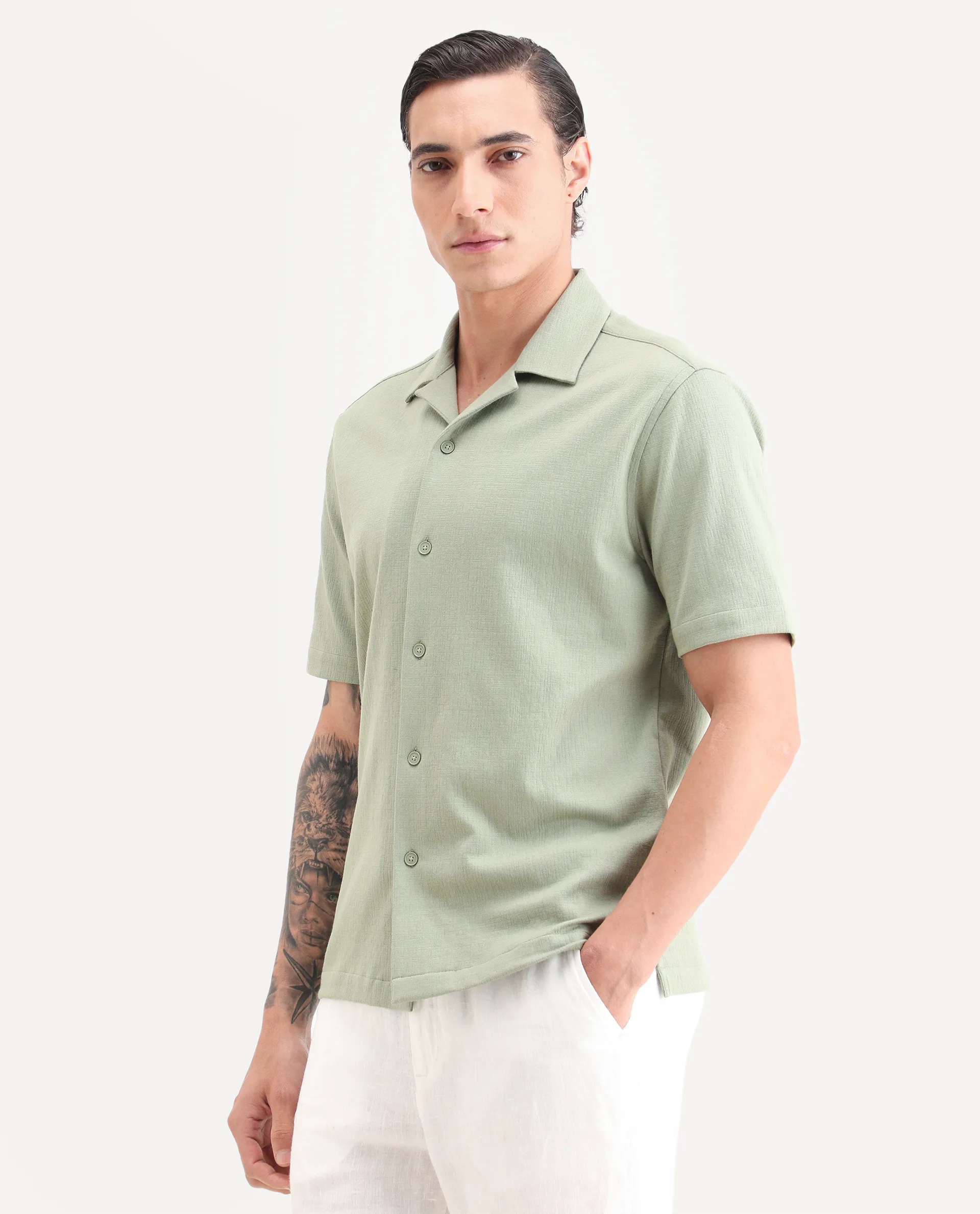 Rare Rabbit Men's Kelos-26 Light Green Cotton Blend Fabric Half Sleeve Cuban Collar Regular Fit Plain Shirt - Image 4
