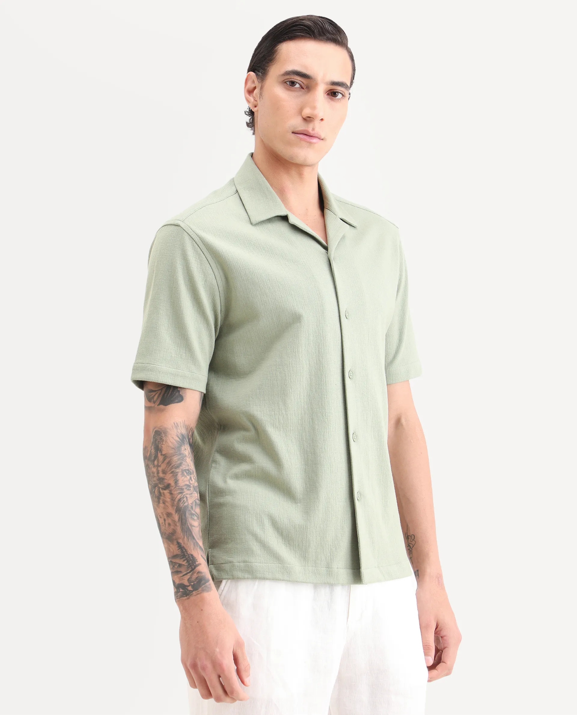 Rare Rabbit Men's Kelos-26 Light Green Cotton Blend Fabric Half Sleeve Cuban Collar Regular Fit Plain Shirt - Image 5