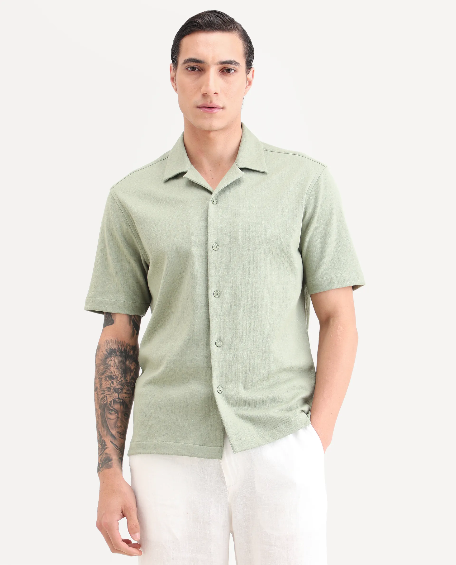 Rare Rabbit Men's Kelos-26 Light Green Cotton Blend Fabric Half Sleeve Cuban Collar Regular Fit Plain Shirt - Image 6