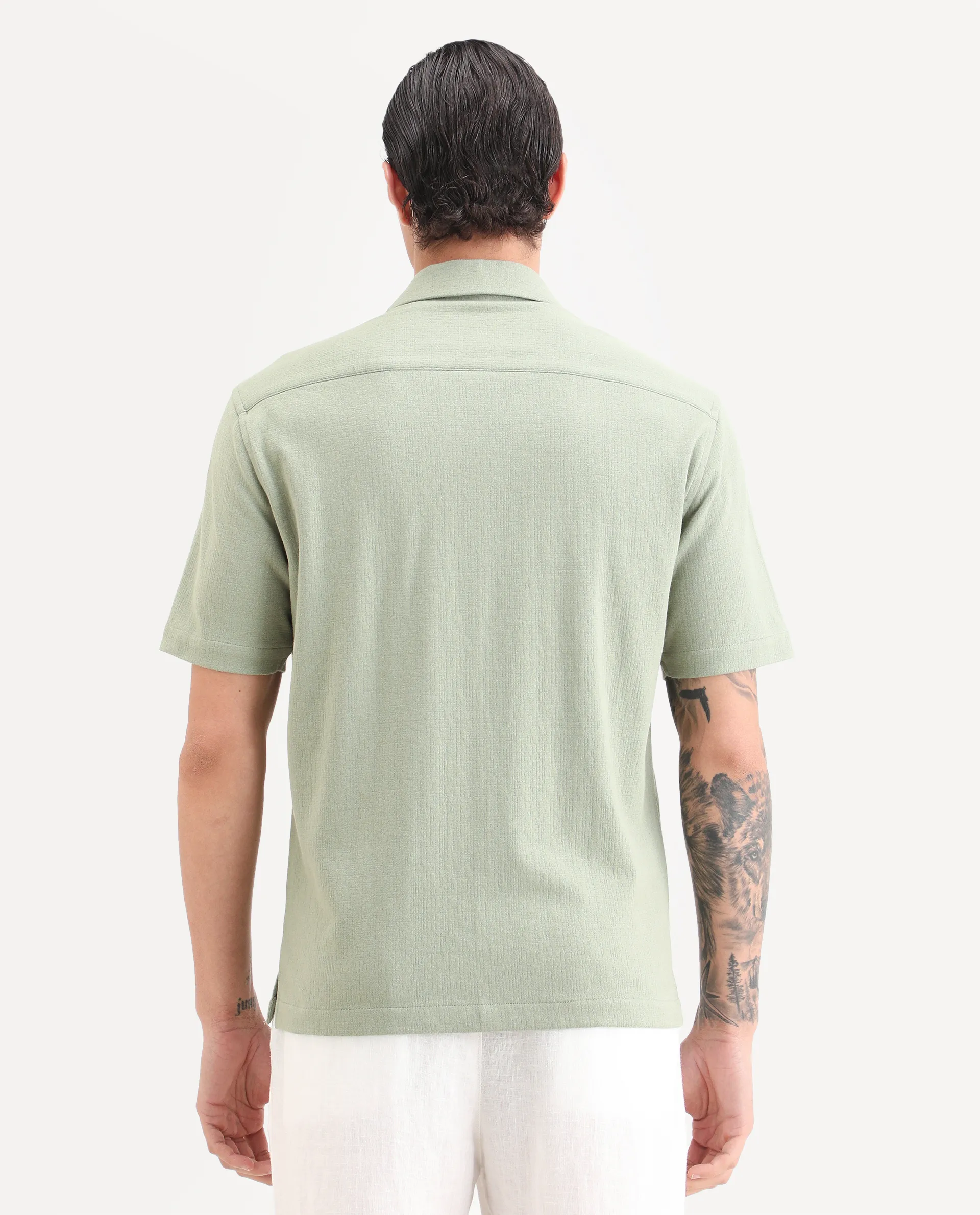 Rare Rabbit Men's Kelos-26 Light Green Cotton Blend Fabric Half Sleeve Cuban Collar Regular Fit Plain Shirt - Image 7