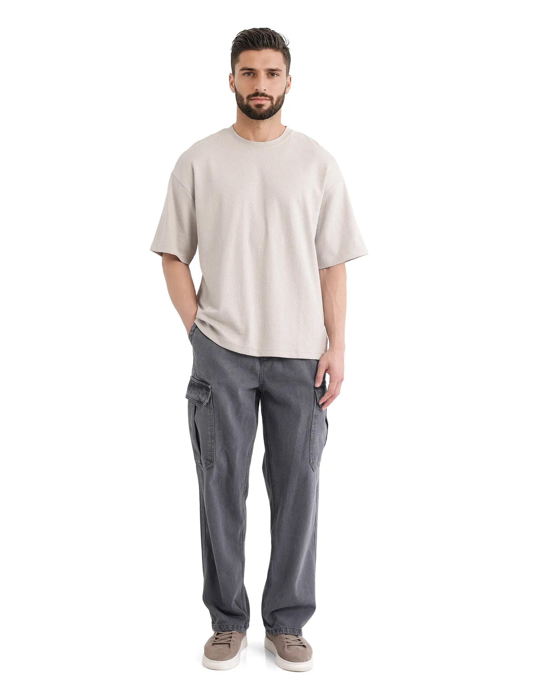 Rare Rabbit Men's Kelos Light Grey Cotton Blend Plain Oversized Fit Half Sleeve Crew Neck T-Shirt - Image 2