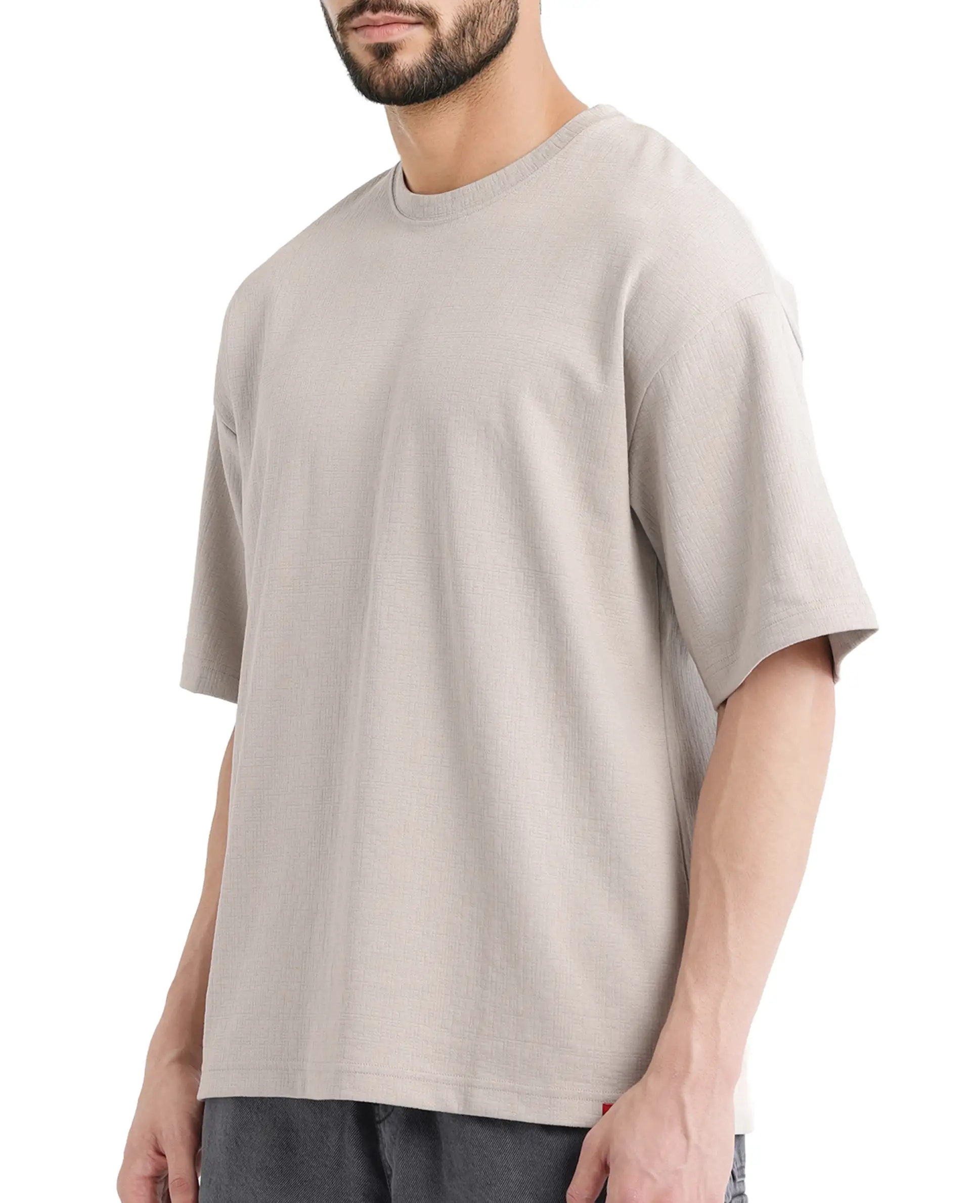 Rare Rabbit Men's Kelos Light Grey Cotton Blend Plain Oversized Fit Half Sleeve Crew Neck T-Shirt - Image 3
