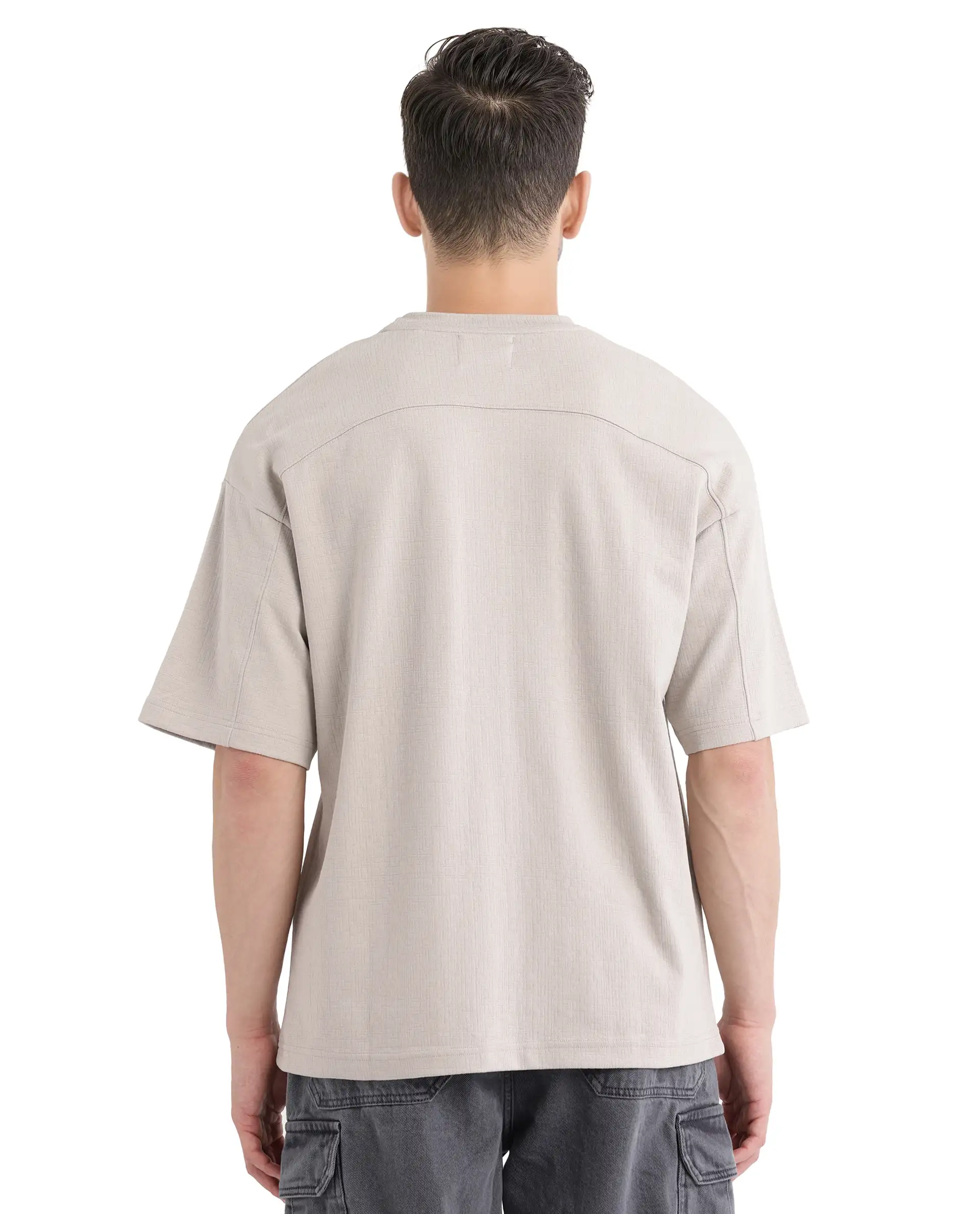 Rare Rabbit Men's Kelos Light Grey Cotton Blend Plain Oversized Fit Half Sleeve Crew Neck T-Shirt - Image 6