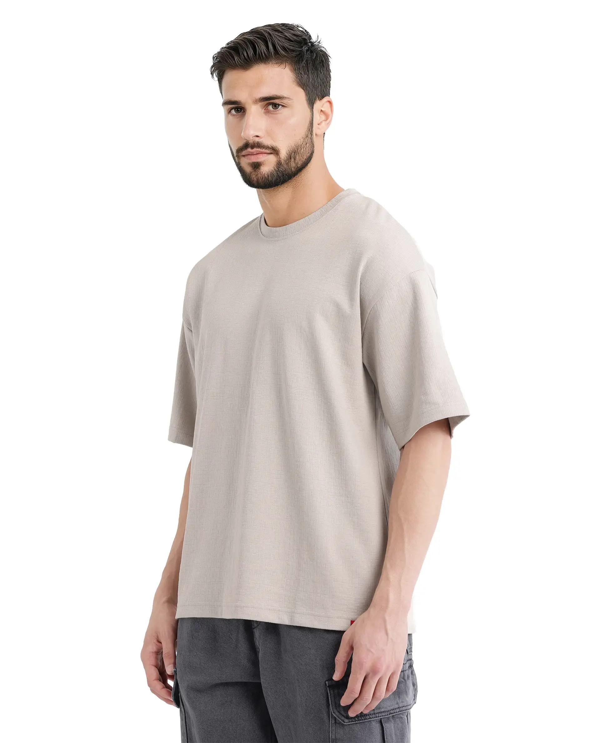 Rare Rabbit Men's Kelos Light Grey Cotton Blend Plain Oversized Fit Half Sleeve Crew Neck T-Shirt - Image 8