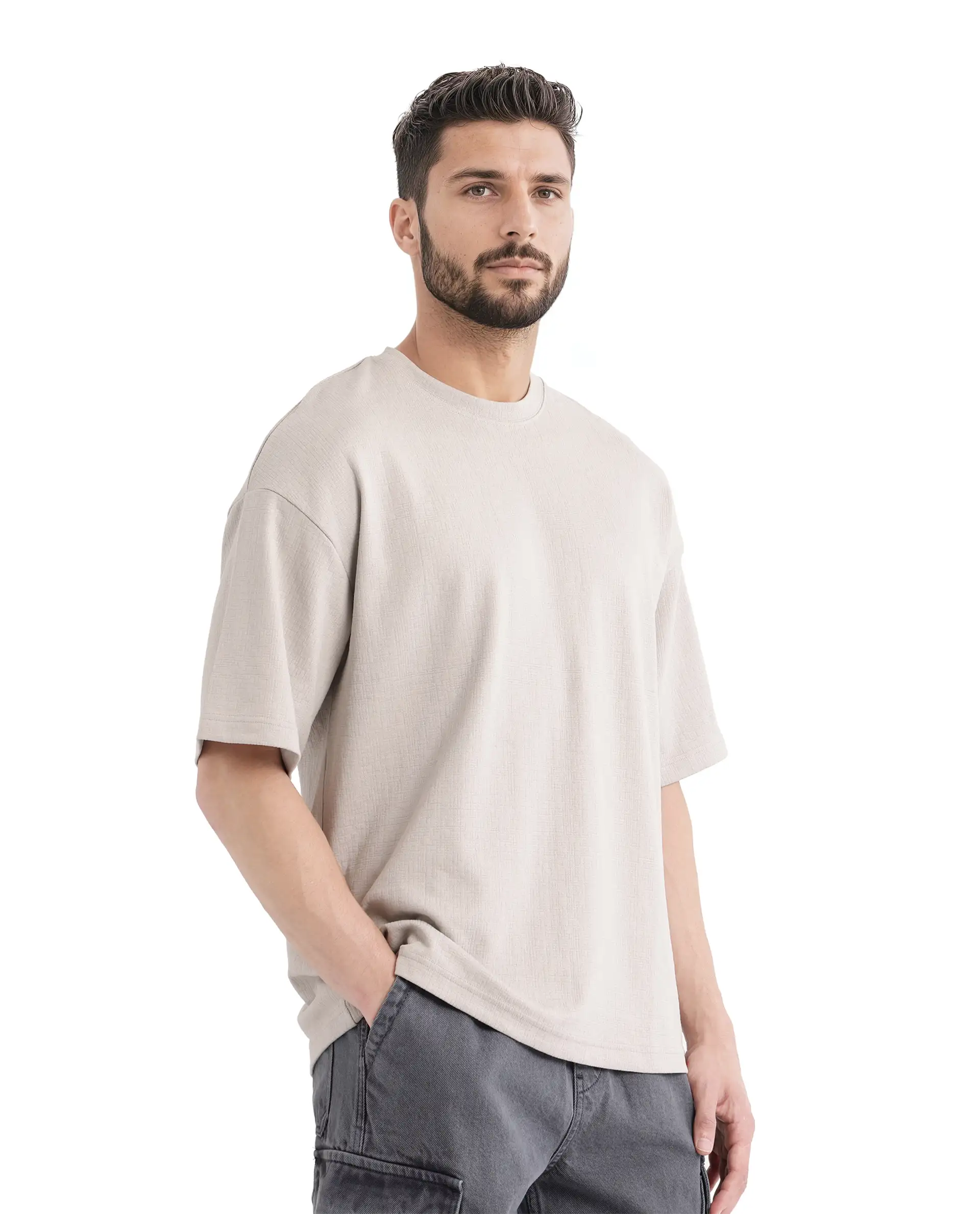 Rare Rabbit Men's Kelos Light Grey Cotton Blend Plain Oversized Fit Half Sleeve Crew Neck T-Shirt - Image 9