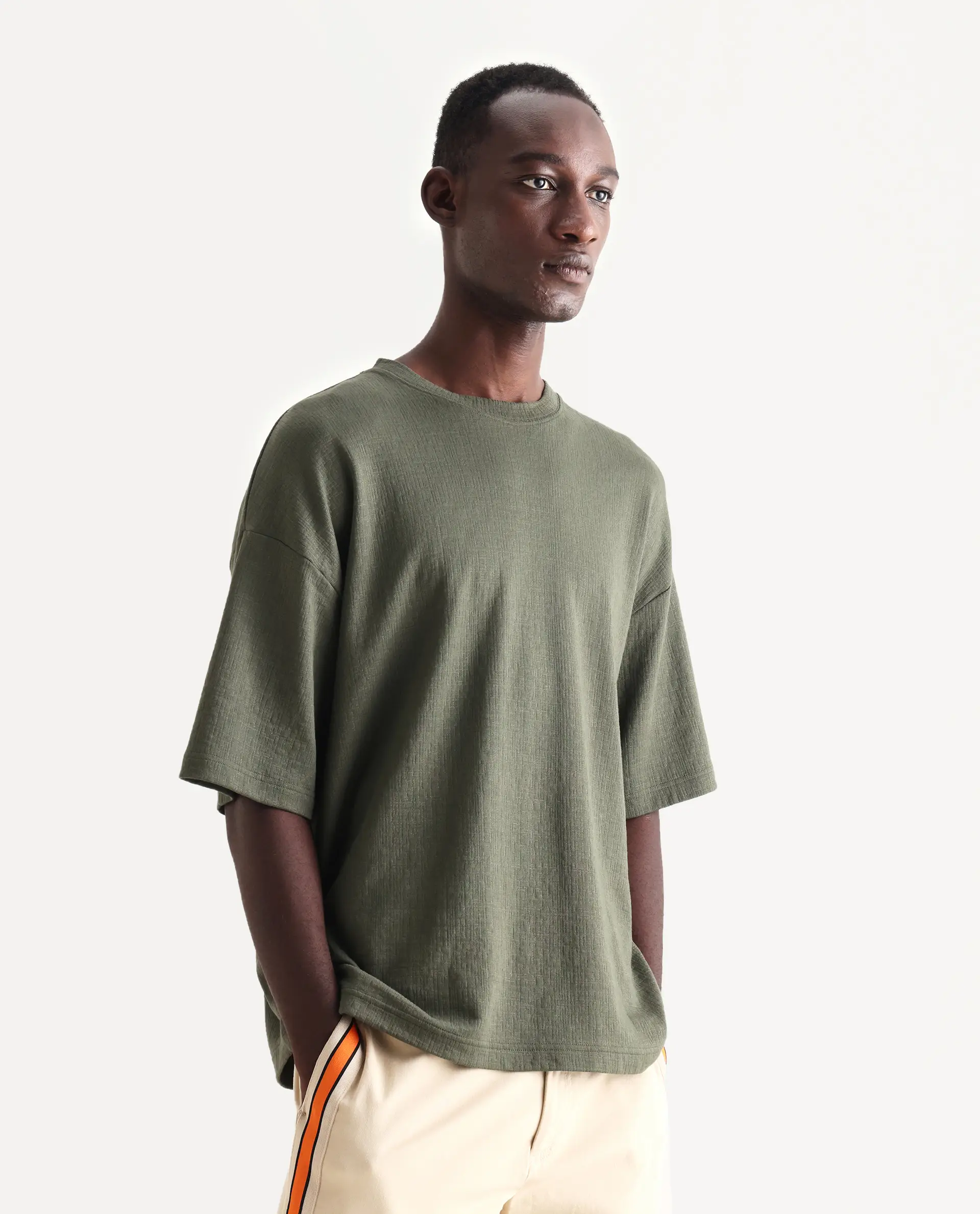 Rare Rabbit Men's Kelos Olive Cotton Blend Plain Oversized Fit Half Sleeve Crew Neck T-Shirt - Image 5