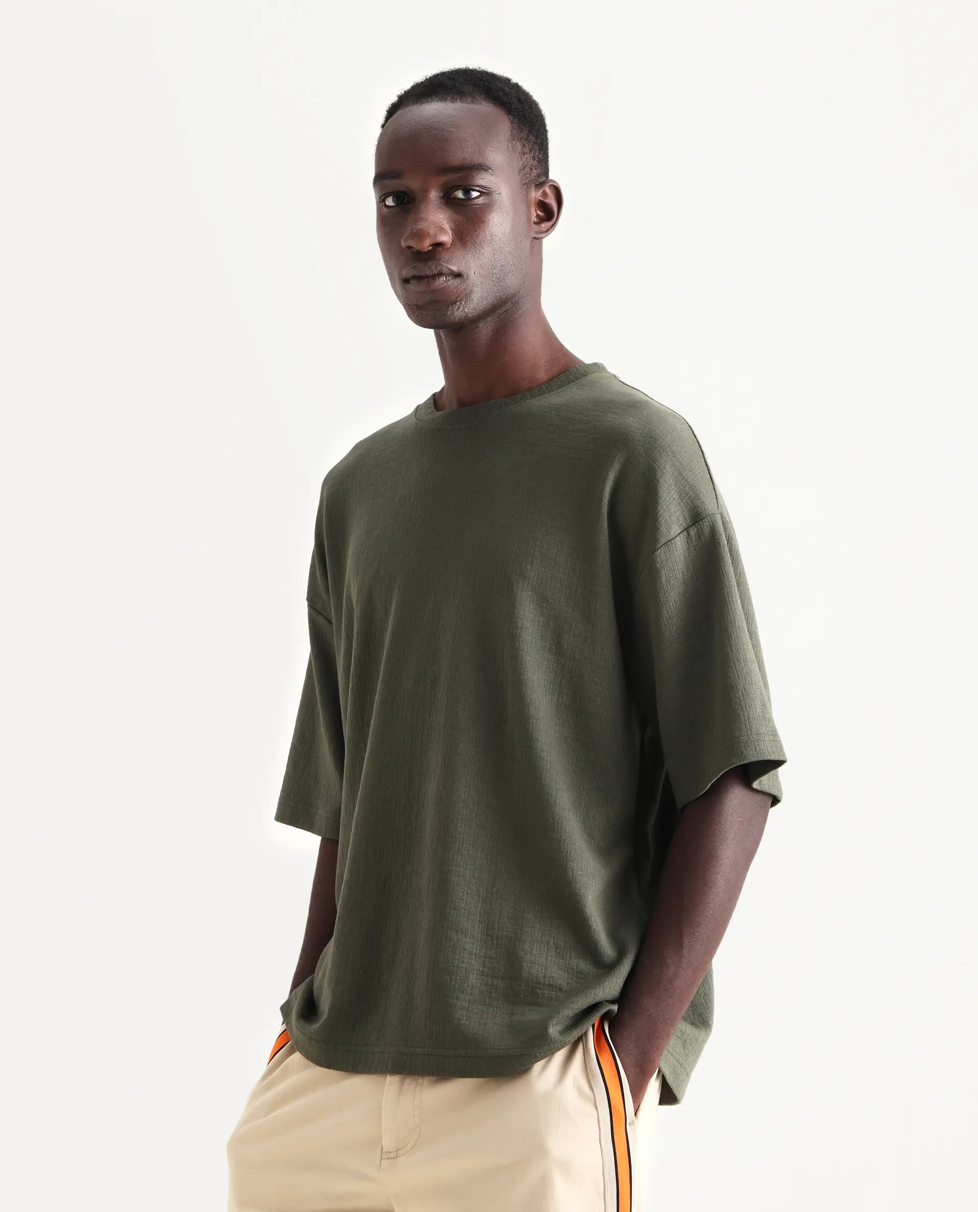 Rare Rabbit Men's Kelos Olive Cotton Blend Plain Oversized Fit Half Sleeve Crew Neck T-Shirt - Image 6