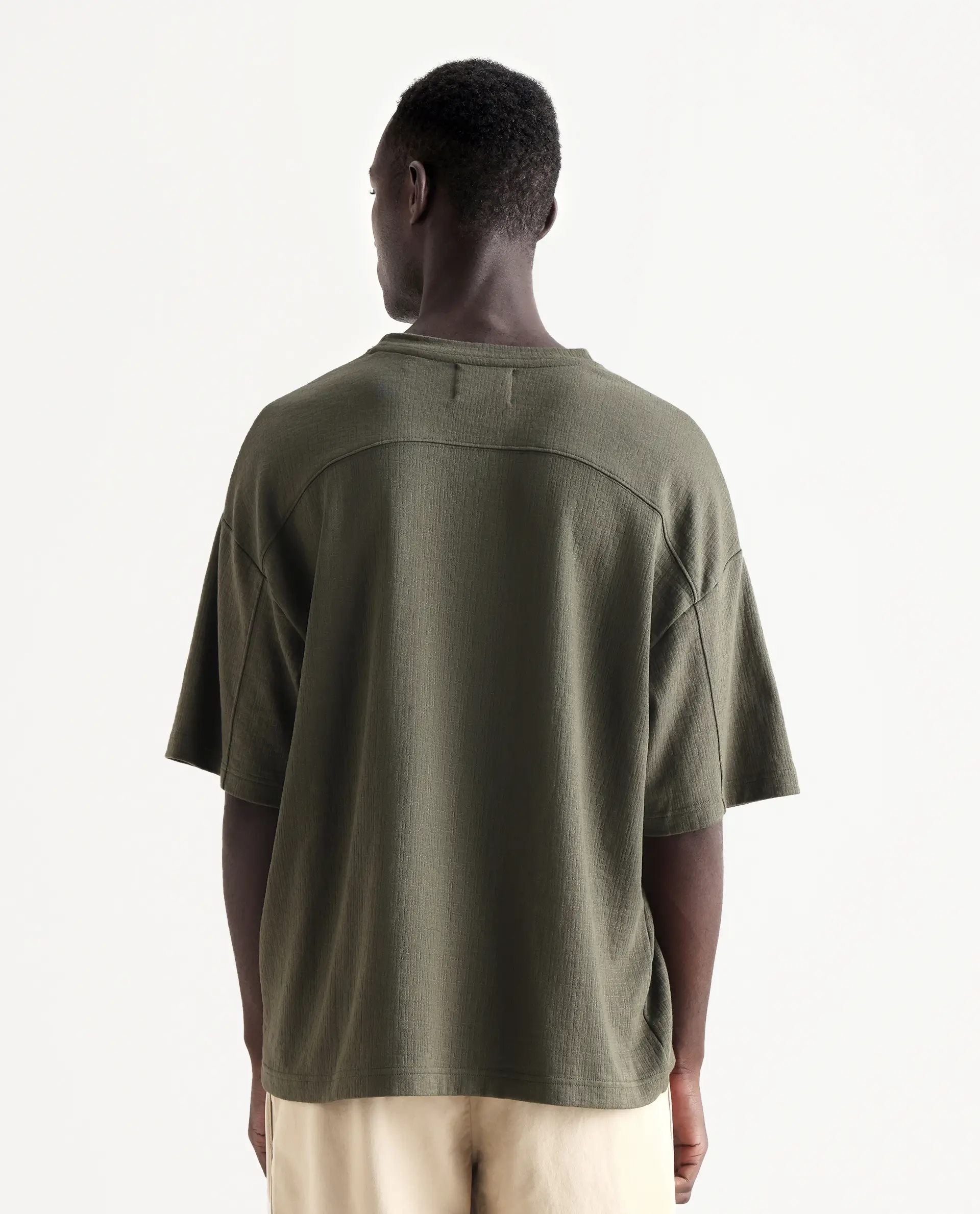 Rare Rabbit Men's Kelos Olive Cotton Blend Plain Oversized Fit Half Sleeve Crew Neck T-Shirt - Image 7