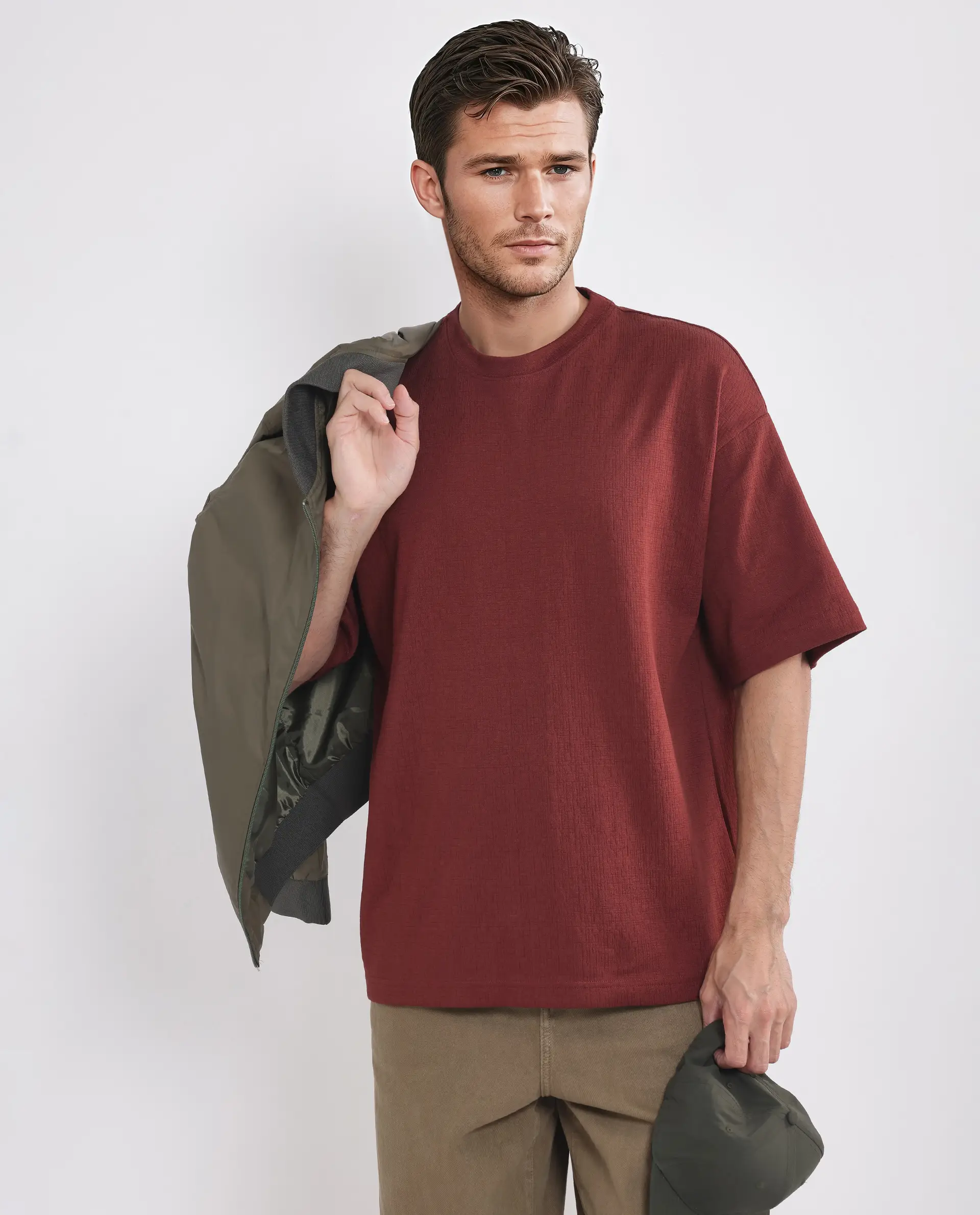 Rare Rabbit Men's Kelos Rust Cotton Blend Plain Oversized Fit Half Sleeve Crew Neck T-Shirt