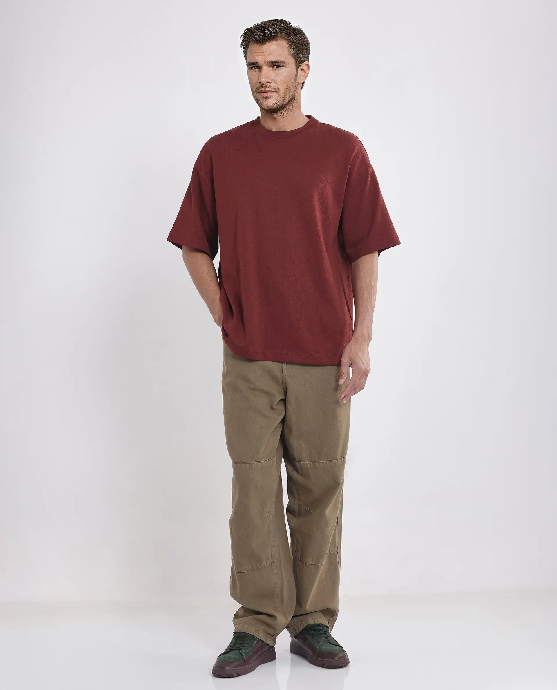 Rare Rabbit Men's Kelos Rust Cotton Blend Plain Oversized Fit Half Sleeve Crew Neck T-Shirt - Image 2