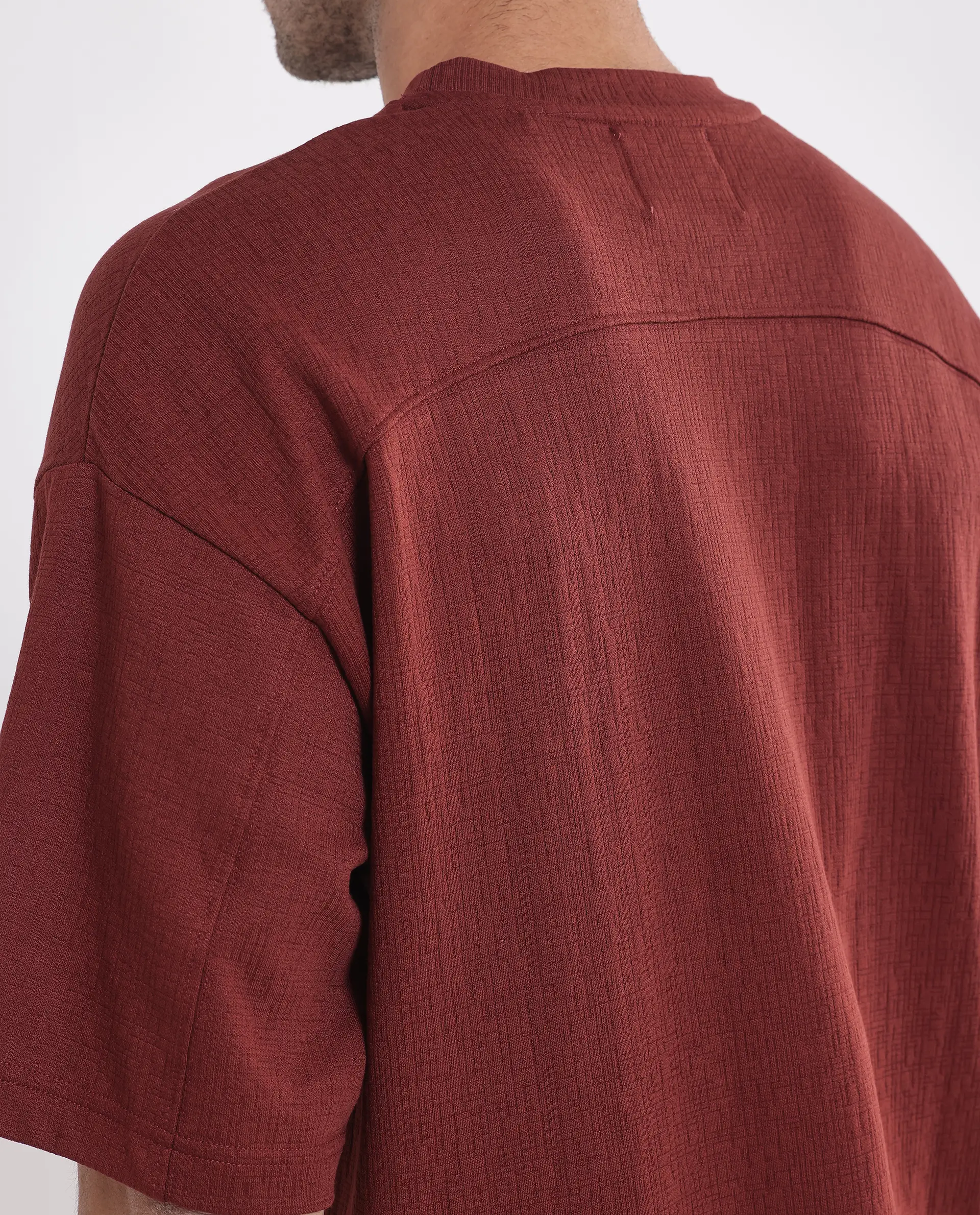 Rare Rabbit Men's Kelos Rust Cotton Blend Plain Oversized Fit Half Sleeve Crew Neck T-Shirt - Image 3
